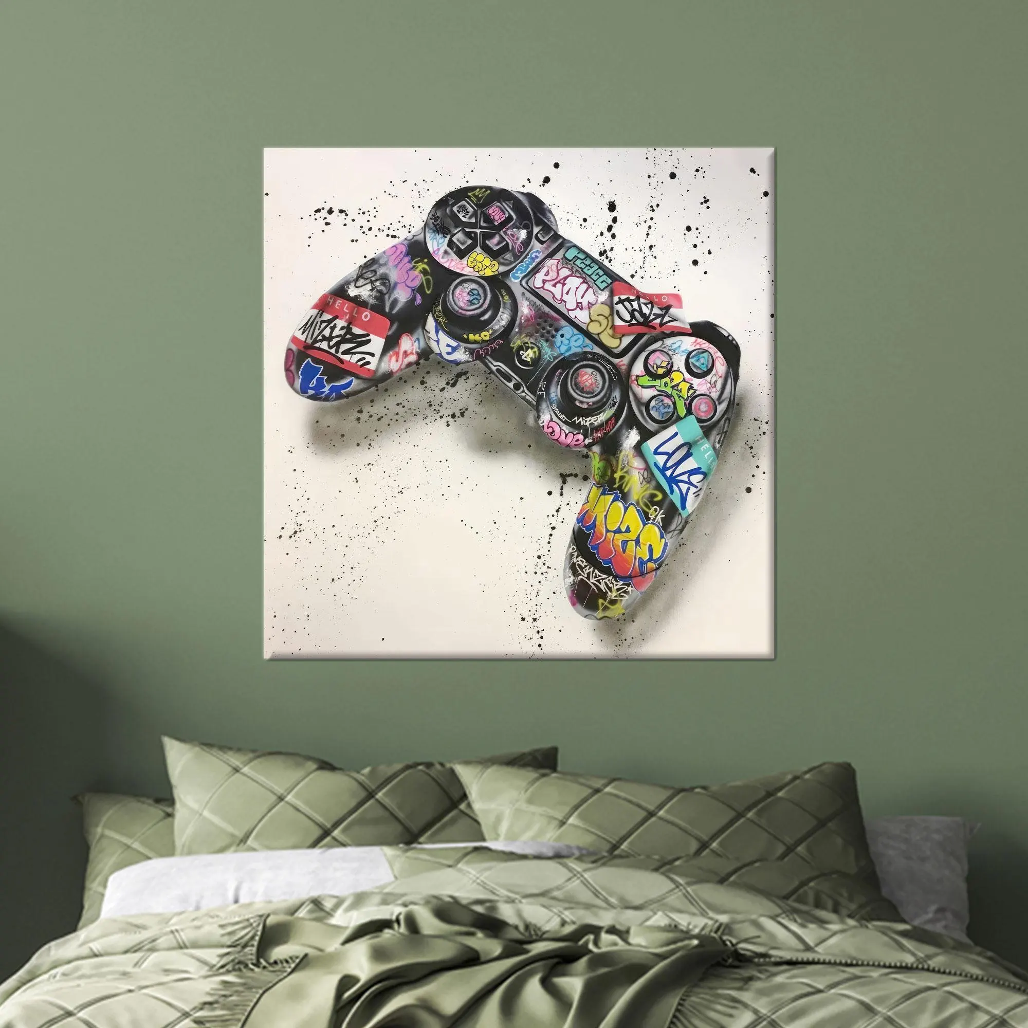 Graffiti Game Controller Canvas Art: Street Style Gamer Room Decor