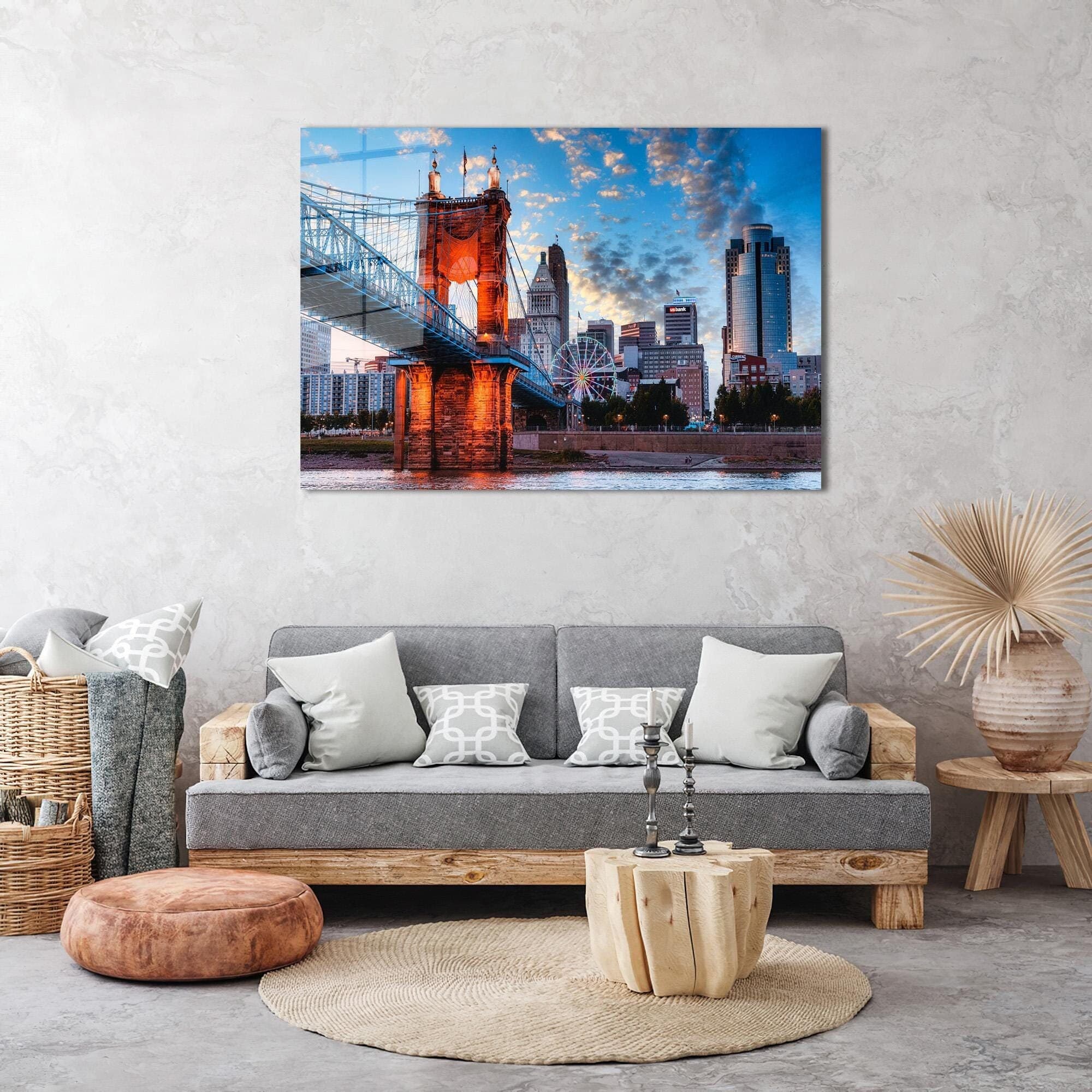 Cincinnati Bridge Tempered Glass Wall Art: City Landscape Decor