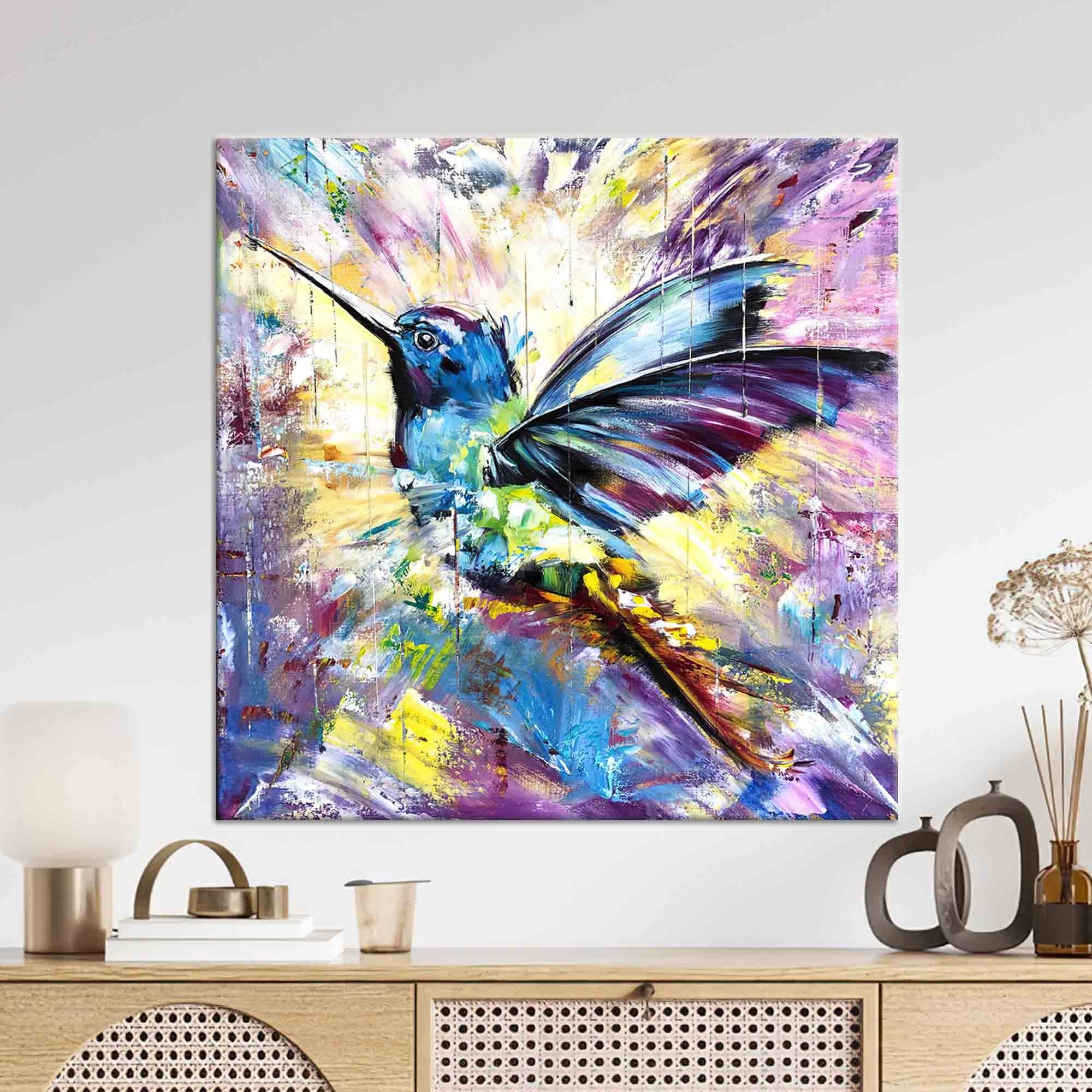 Colorful Hummingbird Painting Print: Abstract Bird Art Canvas