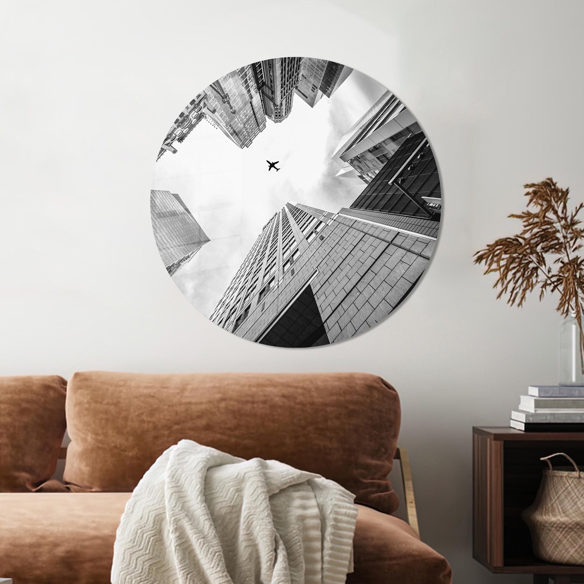 Cityscape Tempered Glass Wall Art: Airplane in Sky, Black and White Decor - image 4