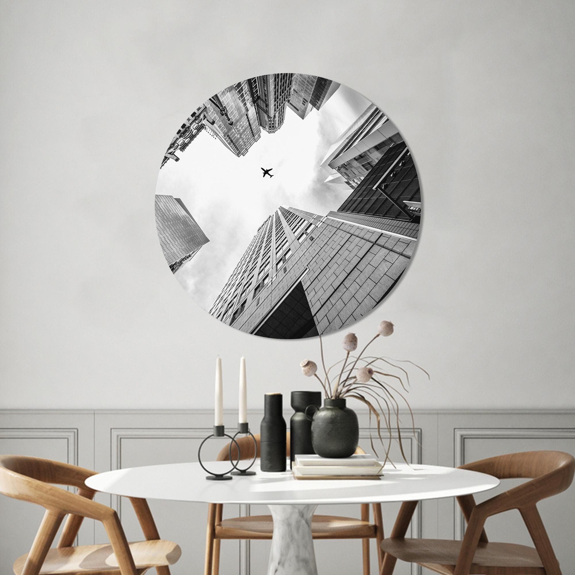 Cityscape Tempered Glass Wall Art: Airplane in Sky, Black and White Decor - image 5