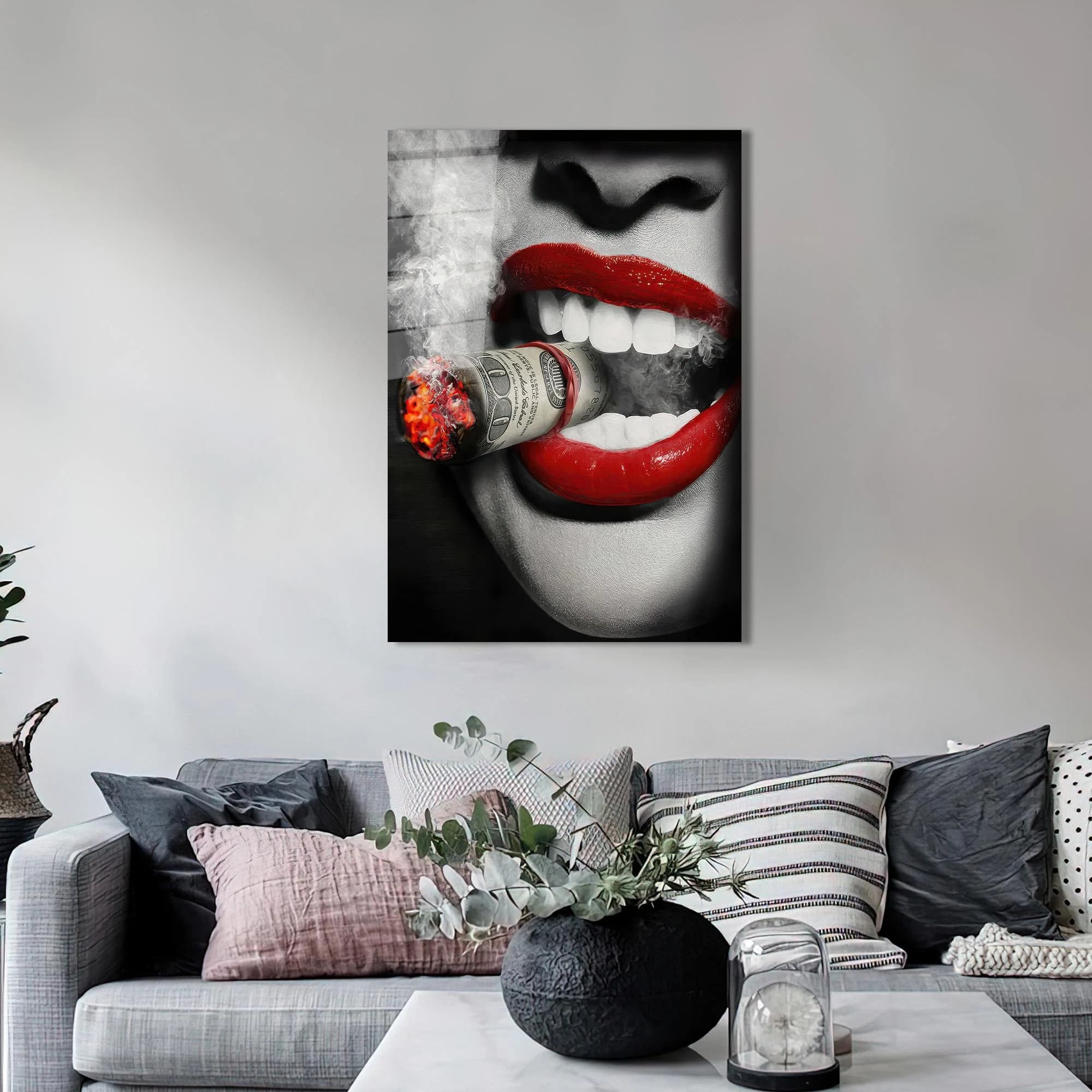 Modern Wall Decor, Money Cigar Glass Wall Art, Room Decor, Woman Wall Decor, Woman Smoking Cigar Glass Wall, Personalized Gift For Her,