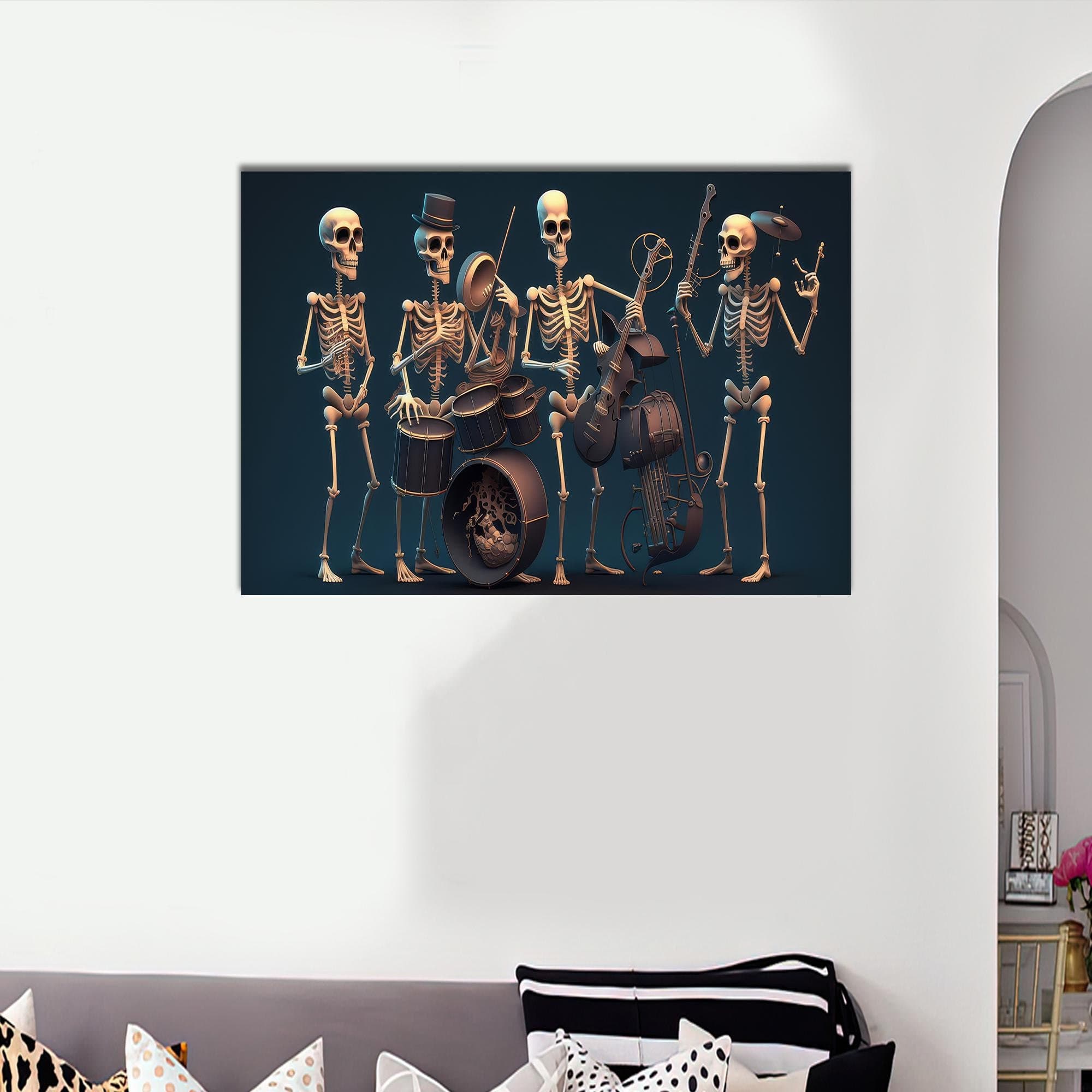 Skeleton Band Canvas Wall Art: Abstract Music Decor