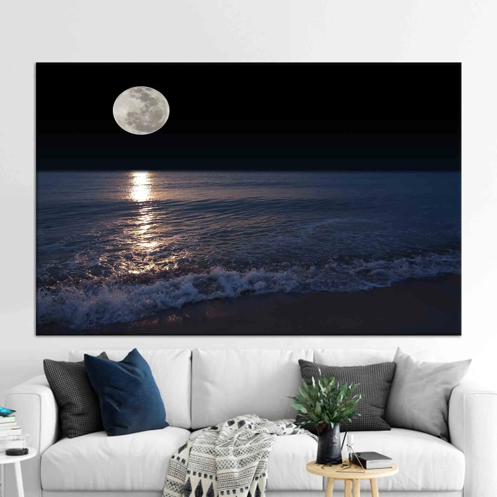 Full Moon Seascape Canvas Print: Night Landscape Wall Art