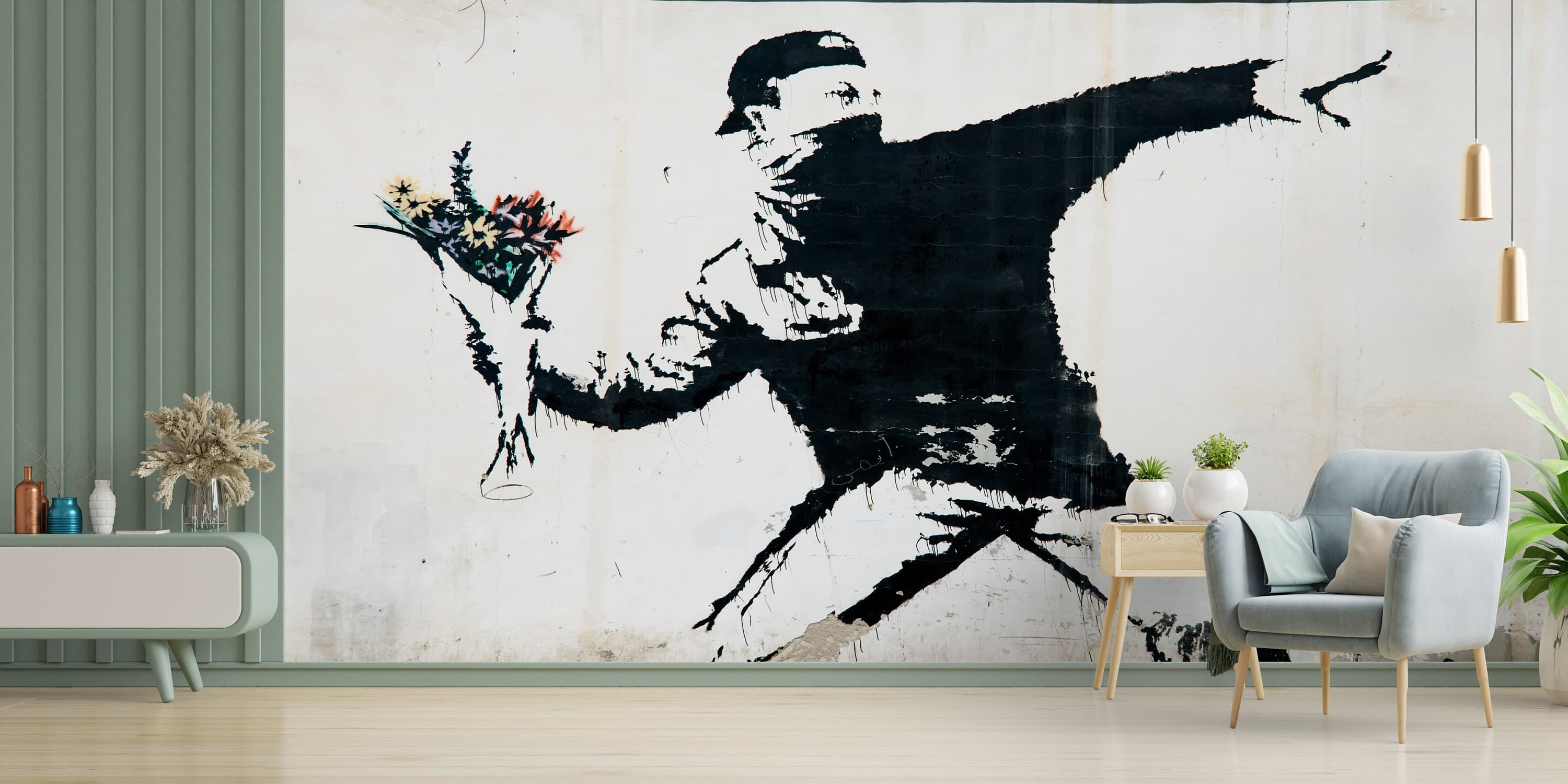 Banksy Flower Bomber Wall Mural: Modern Street Art Wallpaper