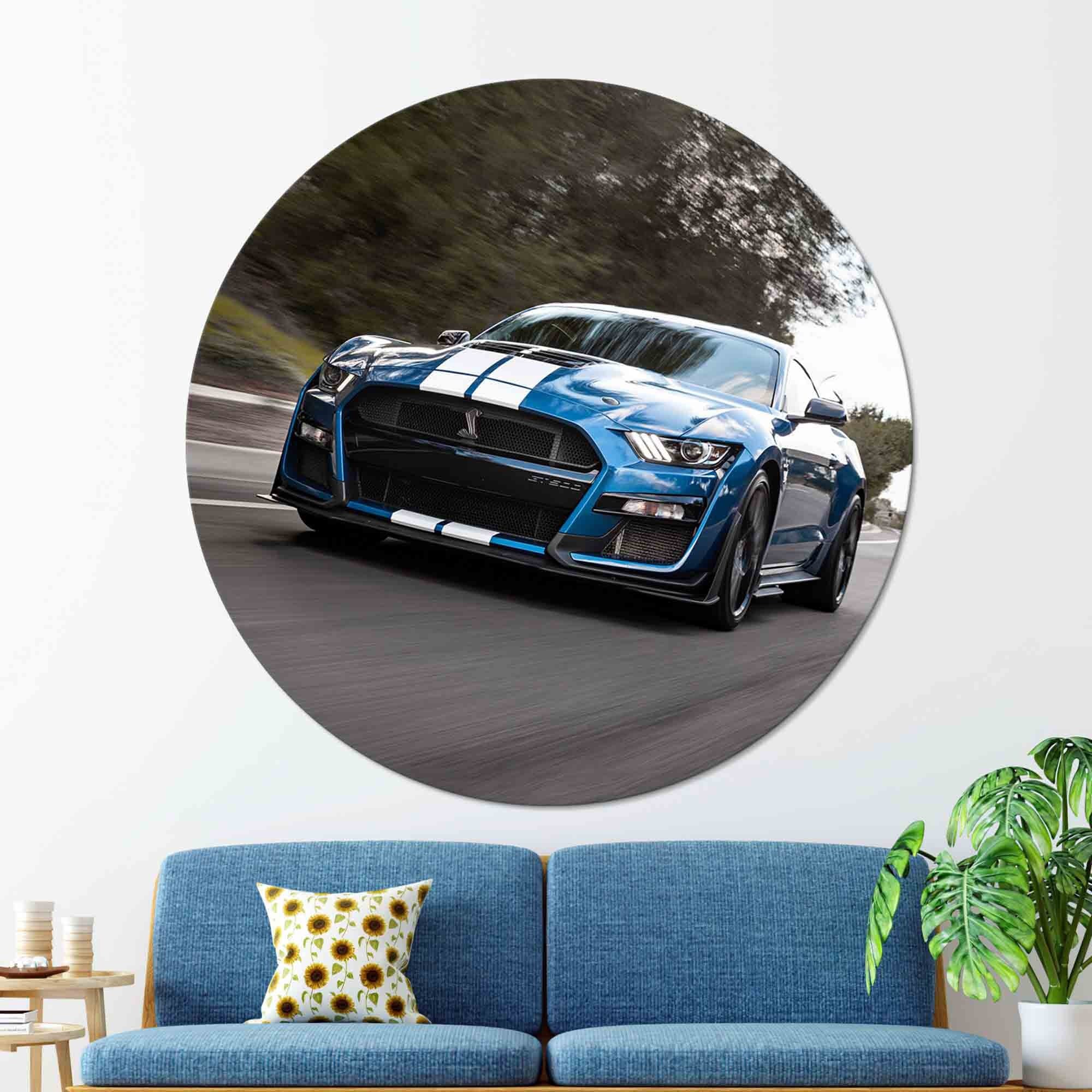 Blue Mustang Tempered Glass Wall Art: Car Lover Gift