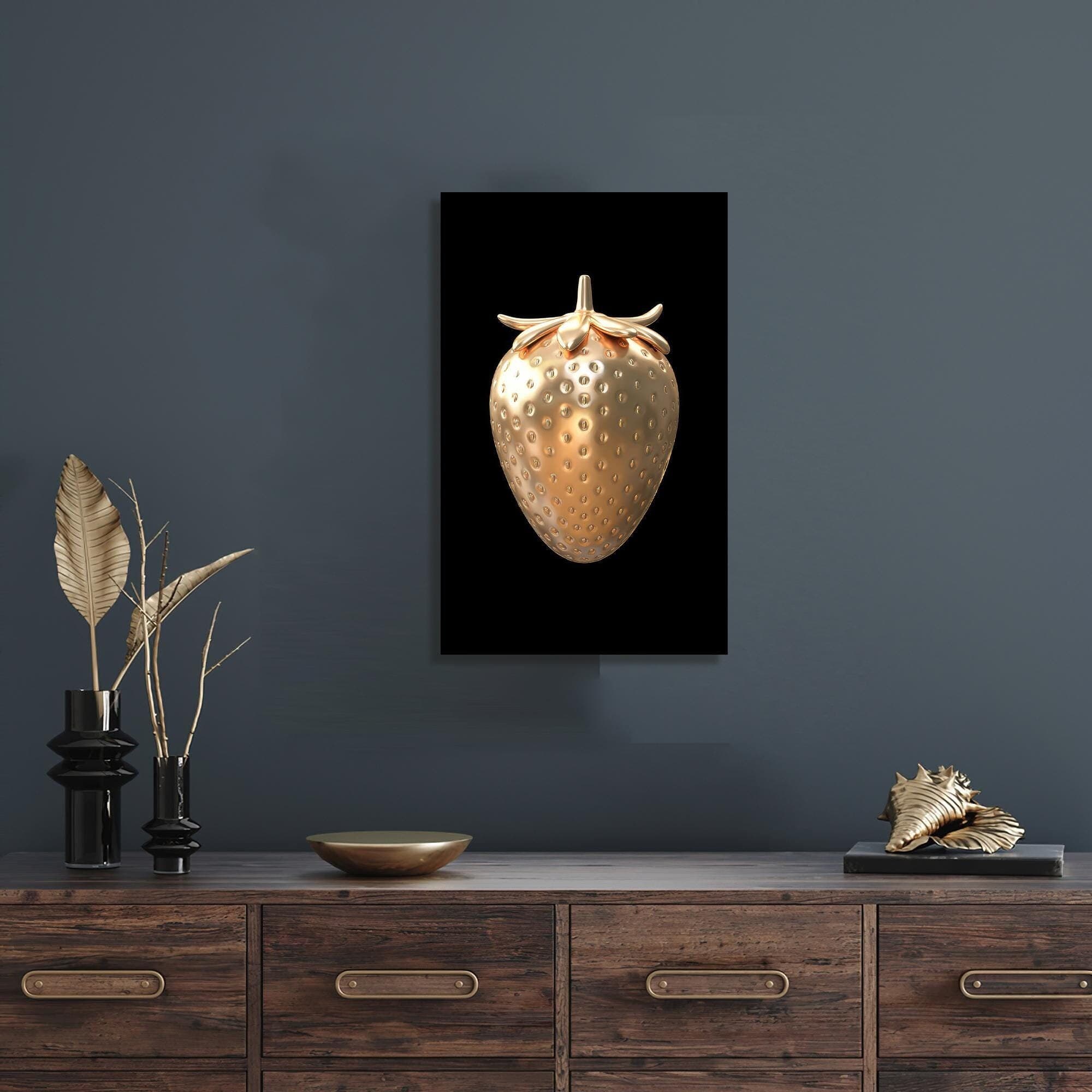 Gold Strawberry Tempered Glass Wall Art: Modern Kitchen Decor
