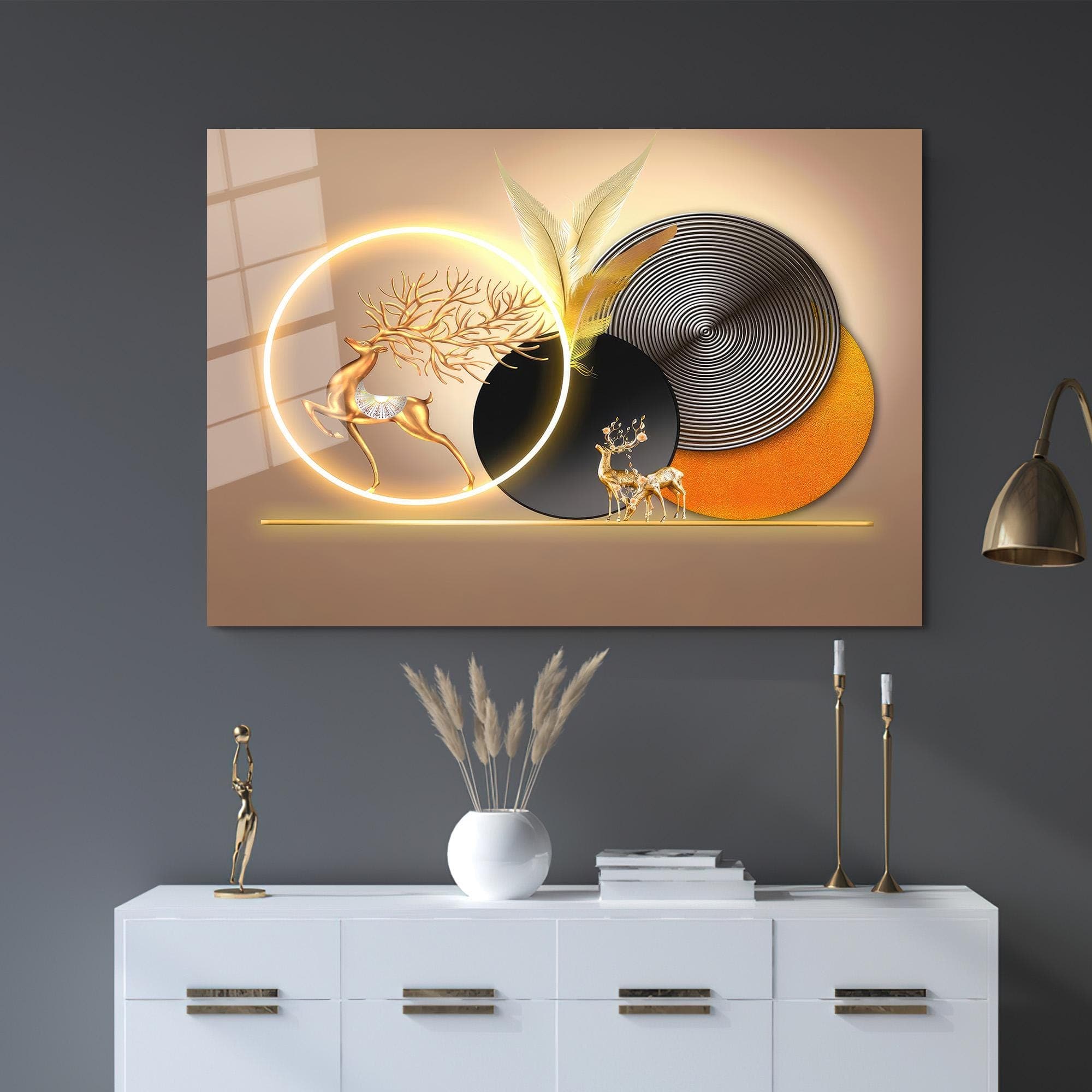 Golden Deer Tempered Glass Wall Art: Modern Home Decor - image 3