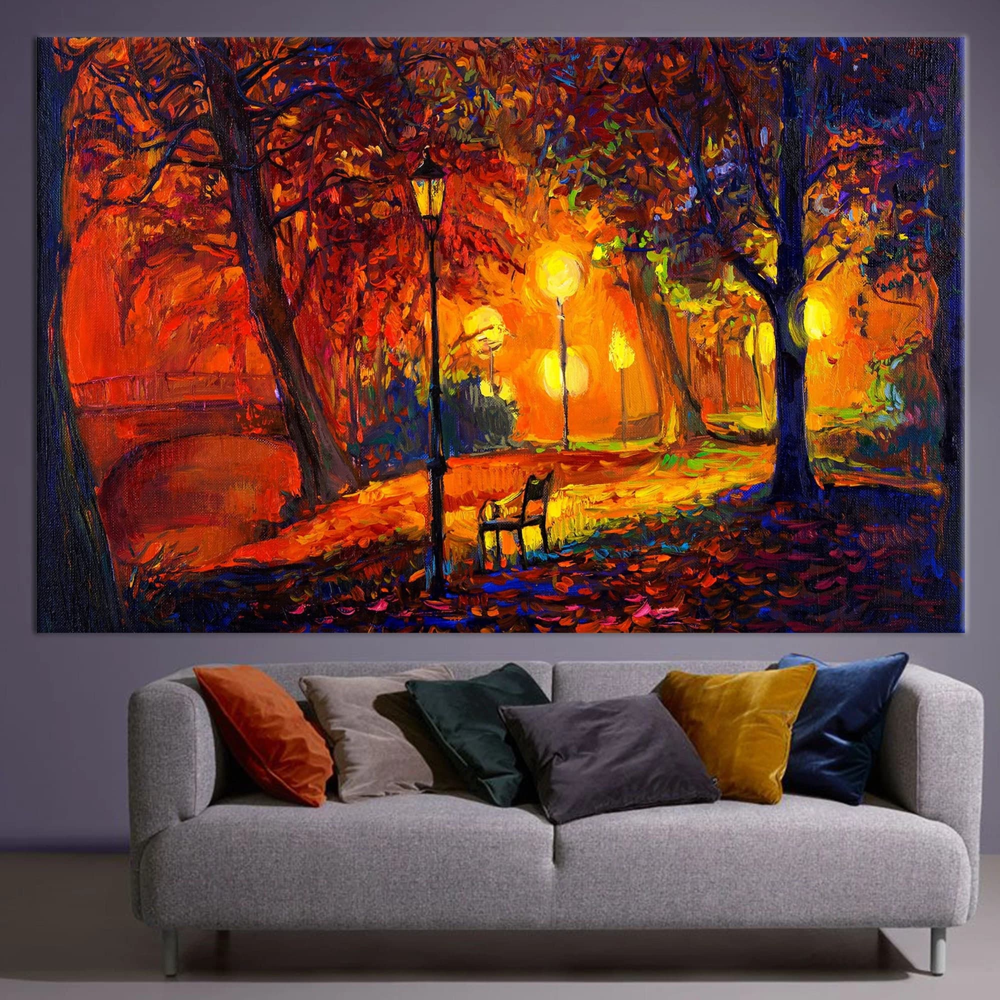 Abstract Night Cityscape Canvas: Colorful Autumn Wall Art