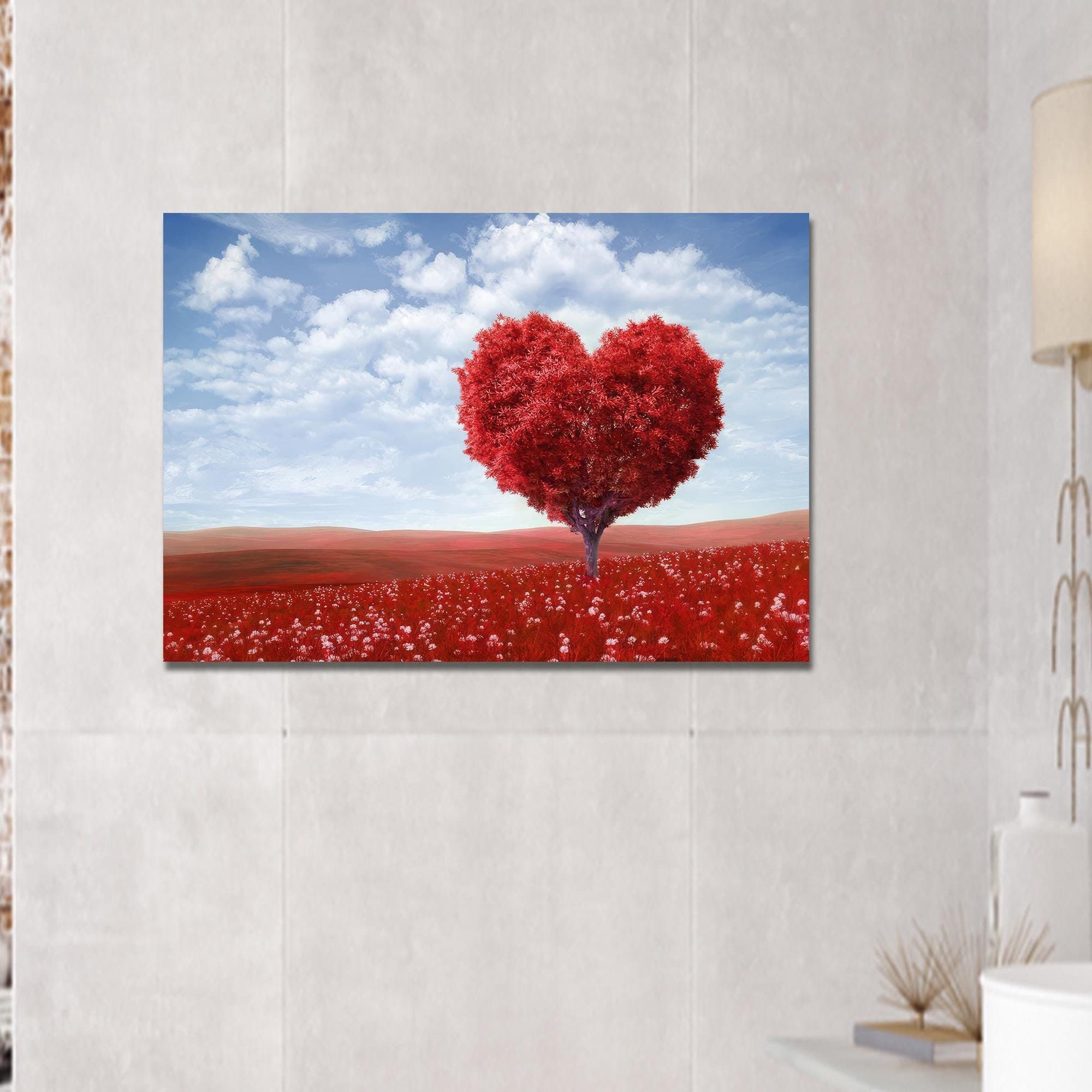 Heart Tree Canvas Art: Red Bohemian Wall Decor, Valentines Gift