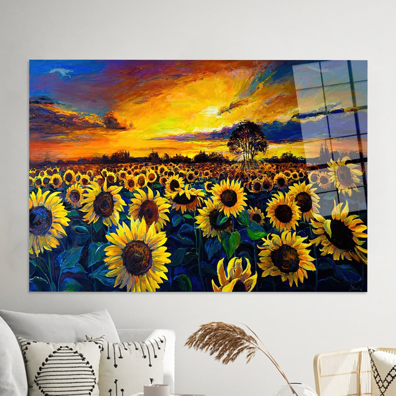 Sunflower Field Painting: Glass Wall Art Print