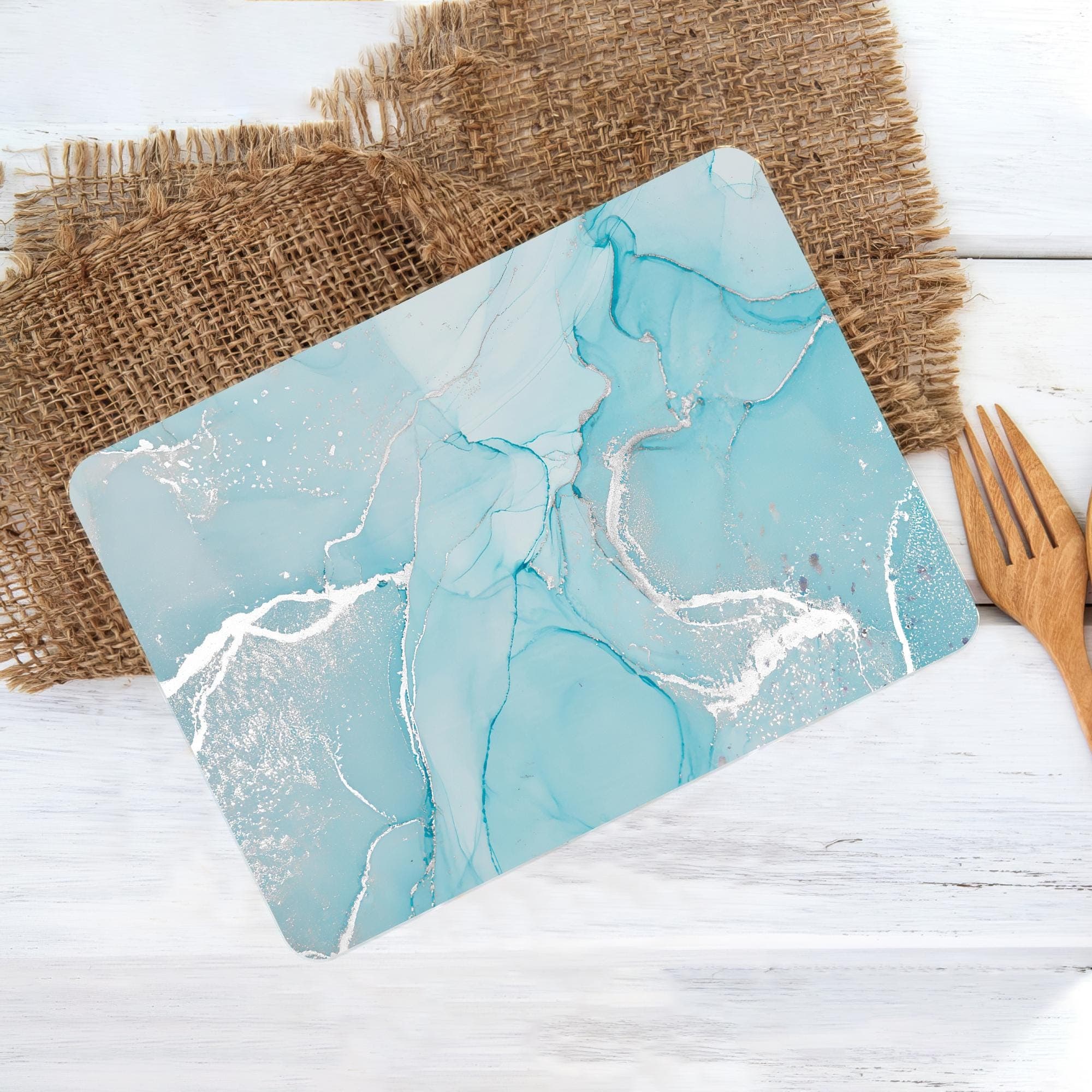 Silver Marble Tempered Glass Cutting Board: Turquoise Shimmery Serving Board