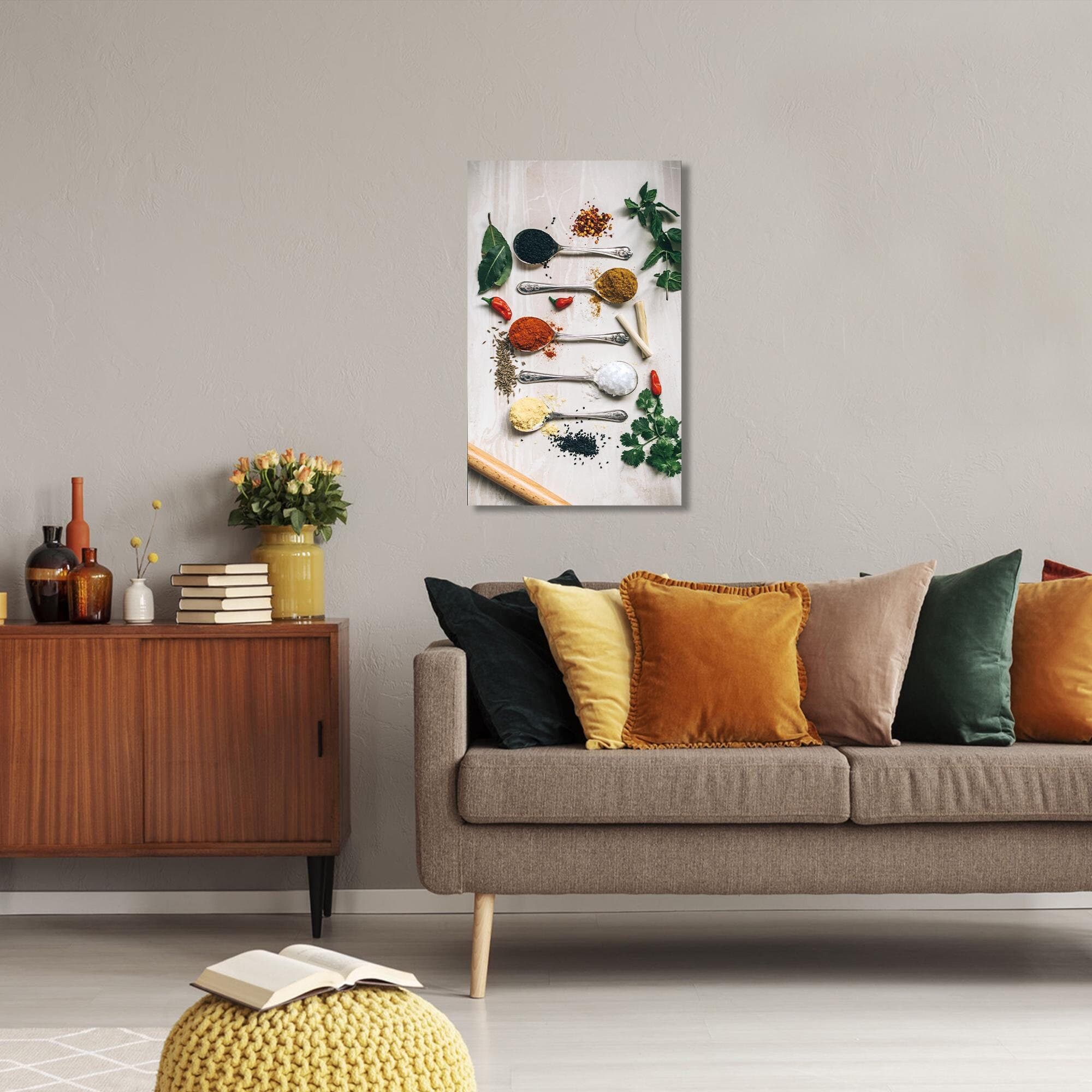 Spices on Spoons Glass Wall Art: Modern Kitchen Decor