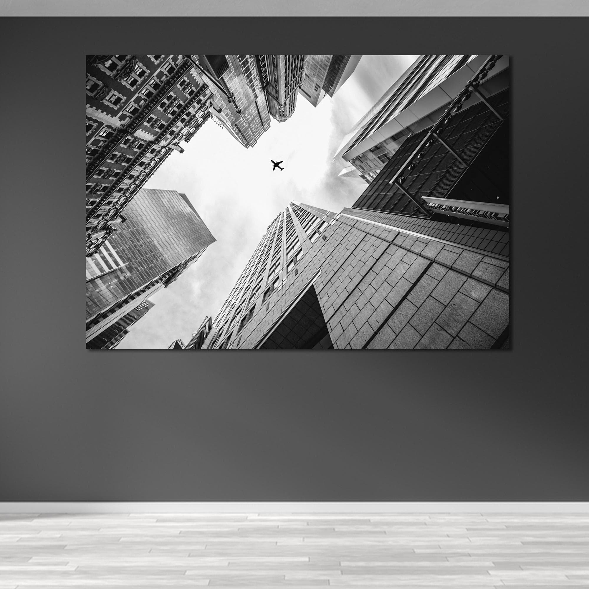 Cityscape Tempered Glass Wall Art: Airplane in Sky, Black and White Decor - image 3