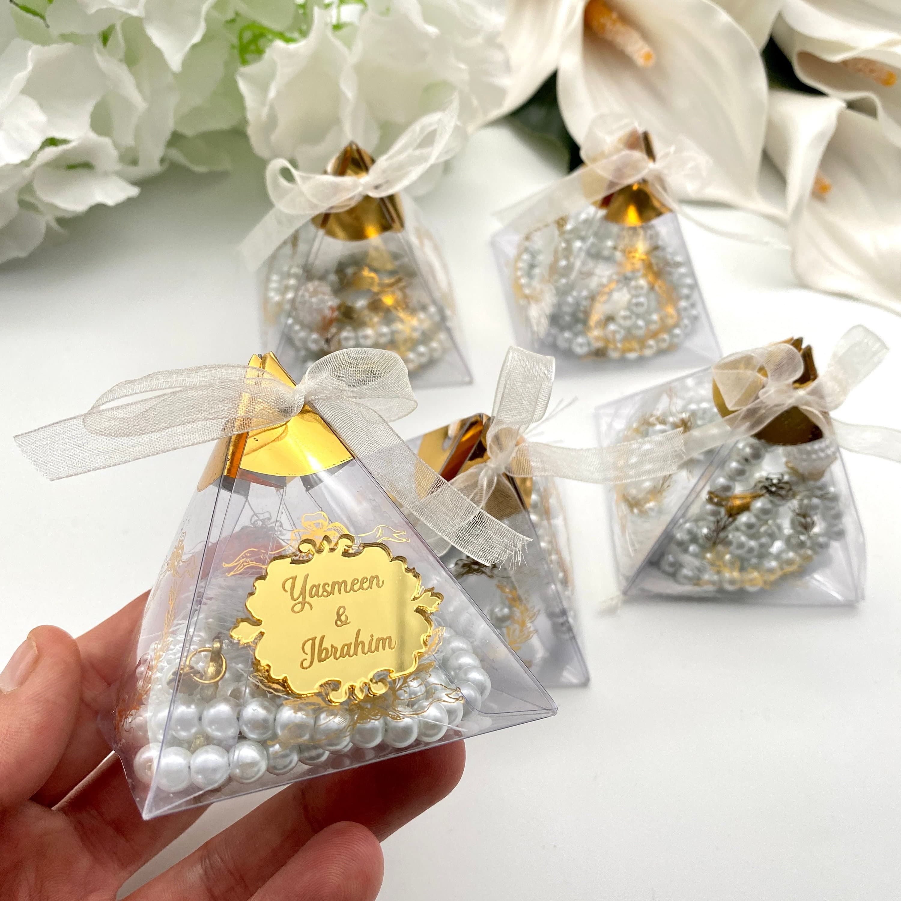 Personalized Pearl Tasbeeh Favors: Islamic Rosary Gift in Pyramid Box