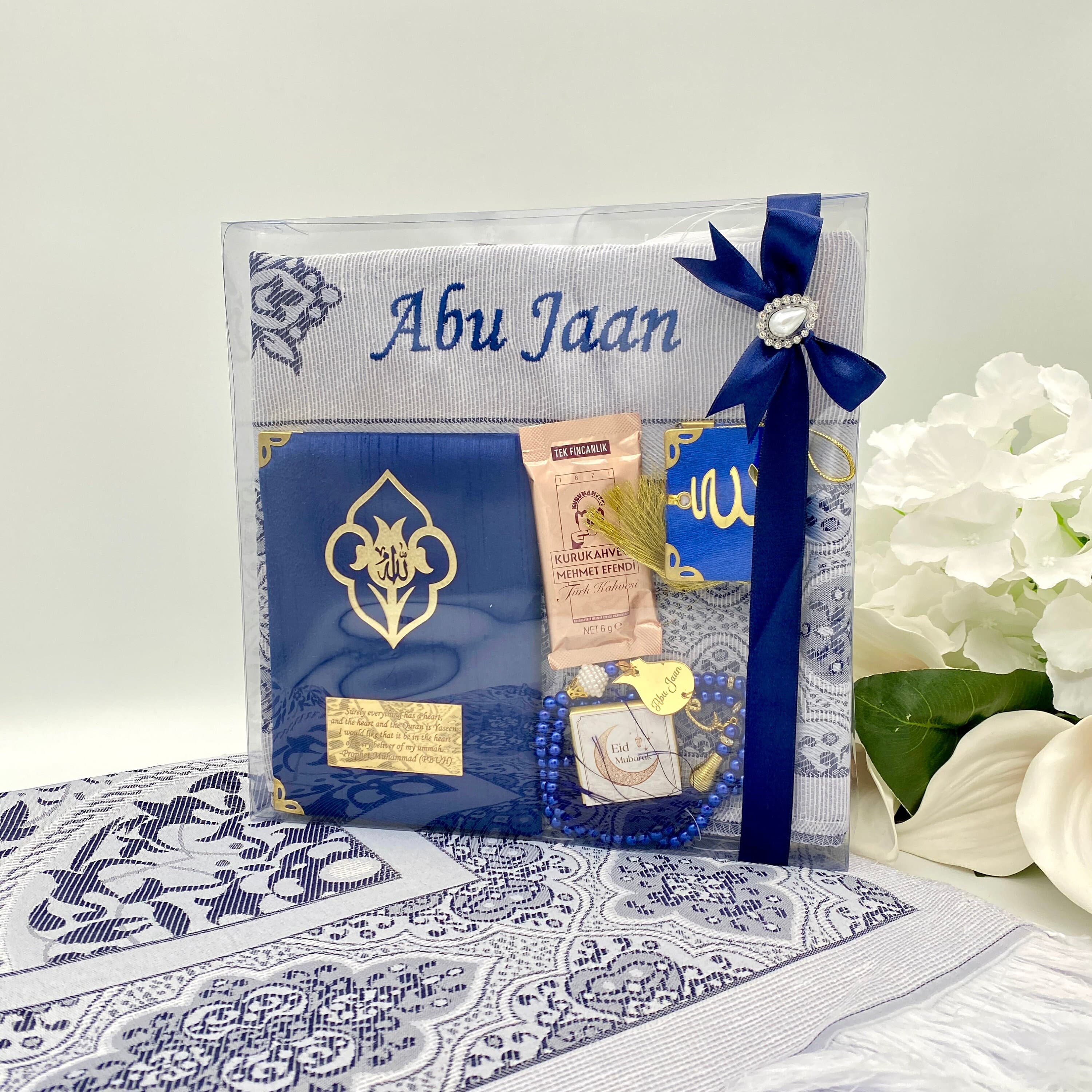 Personalized Prayer Mat Gift Set: Yaseen, Tasbih, Islamic Favors
