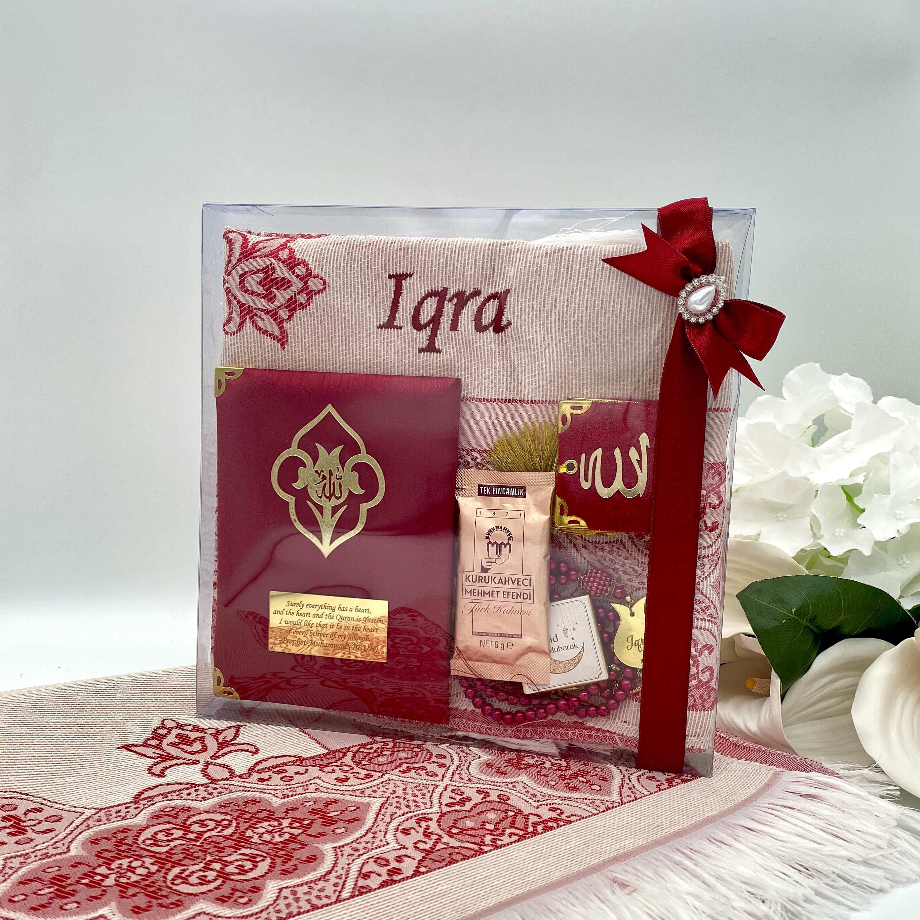 Personalized Prayer Mat Gift Set, Sajadah Islamic Gift, Yaseen Tasbih Box, Eid Gift, Bismillah Ceremony, Ramadan Favors, Ameen Gifts,