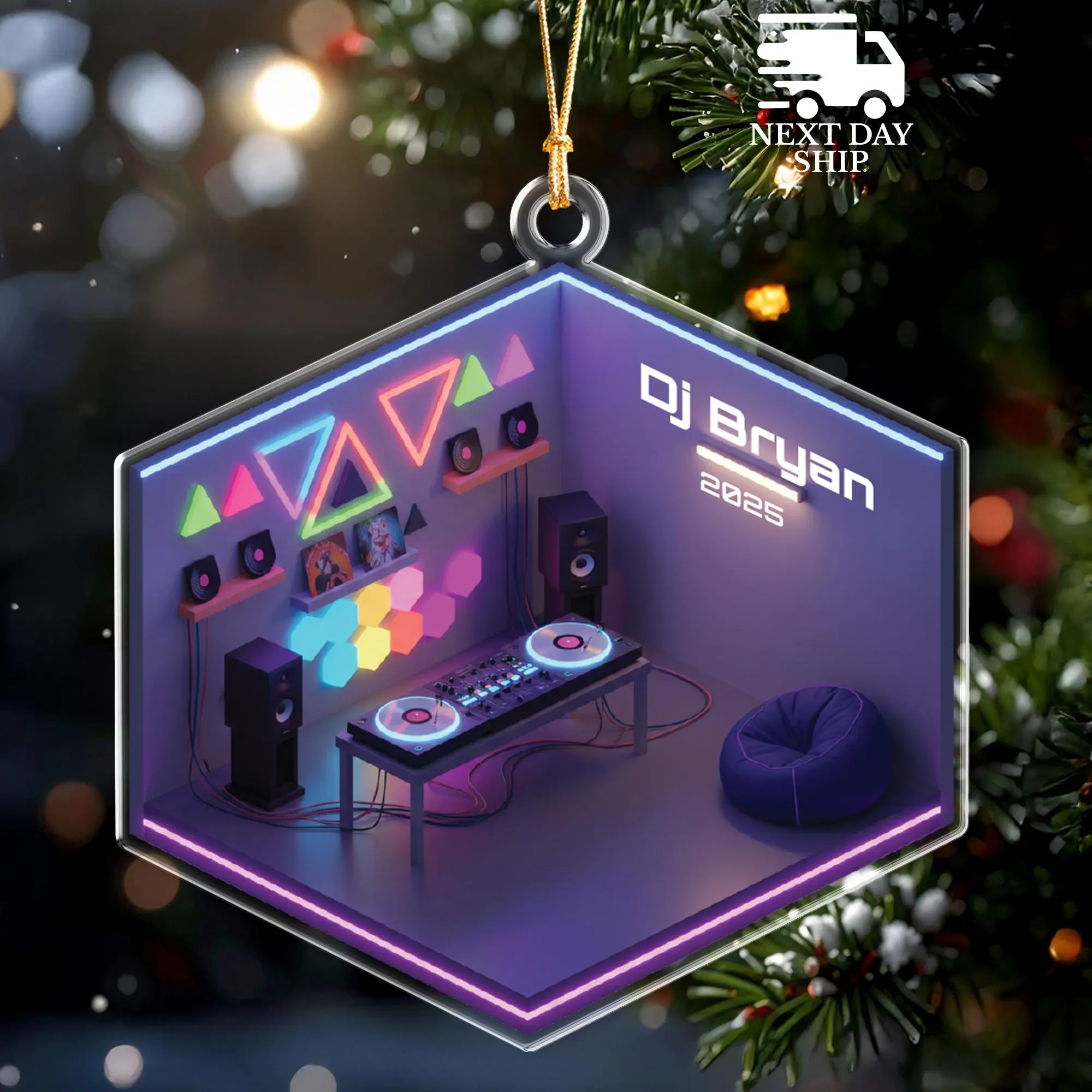 Electronic Music DJ Christmas Ornament, Custom Name DJ Gift, Music Lover Decor, Neon Music Studio Holiday Gift for DJs And Music Producer - image 3