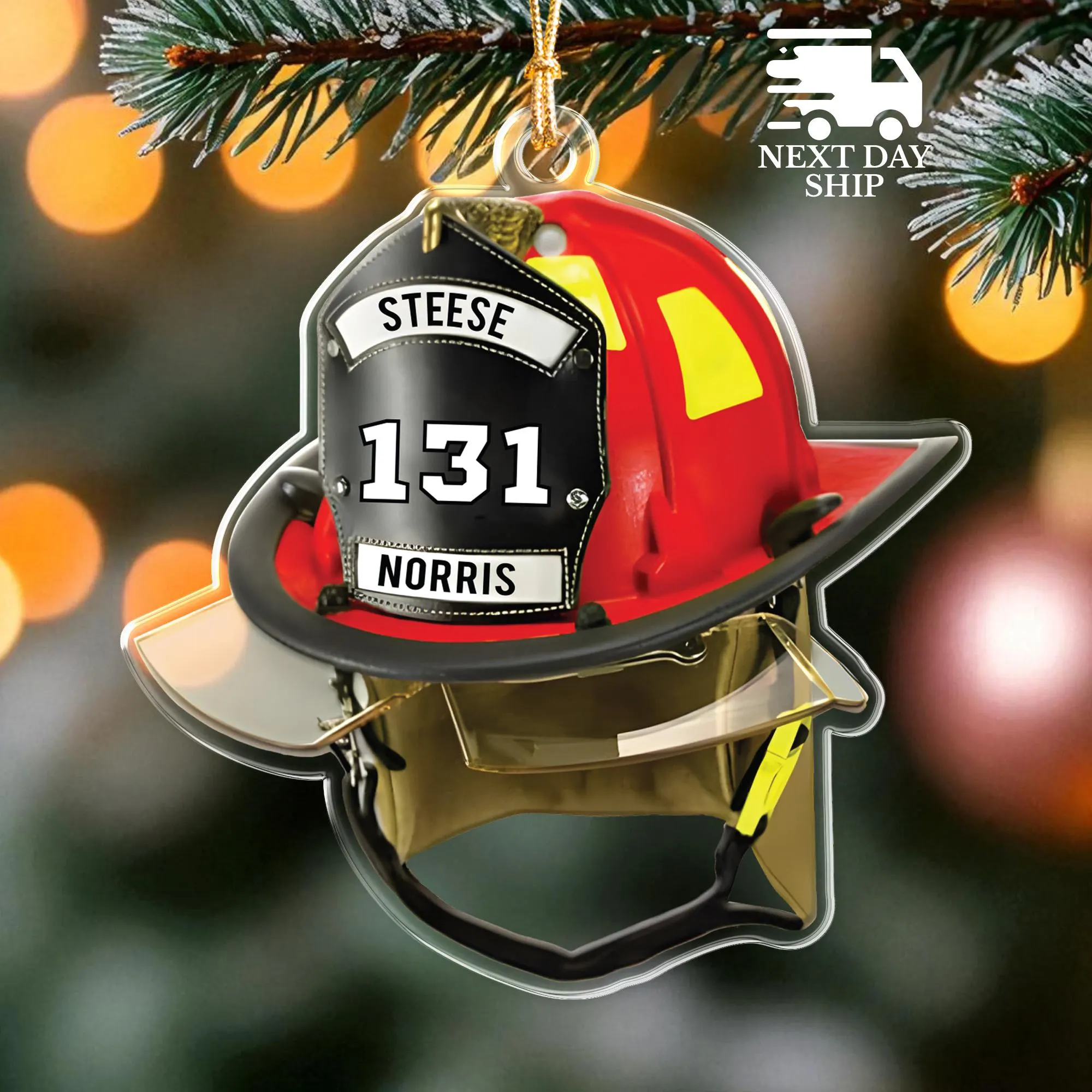 Personalized Firefighter Number & Name Ornament, Firefighter Helmet Decoration for Tree, Gift for Fireman, Gift for First Responder - image 2