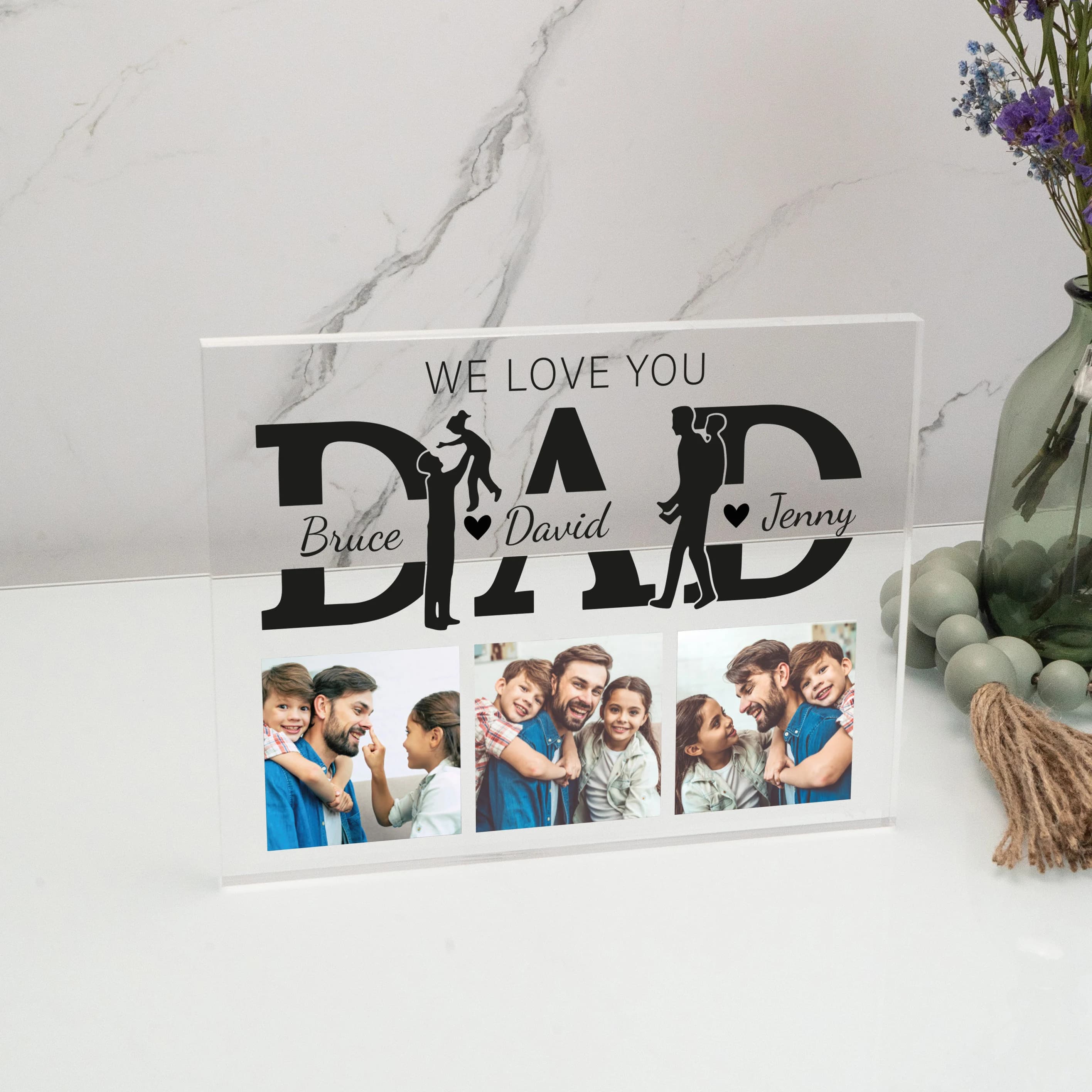 Personalized Dad Sign with Pictures and Kids Names, Fathers Day Gifts, Custom Photo Dad Plaque, Acrylic Desk Block, Dads Office Decor