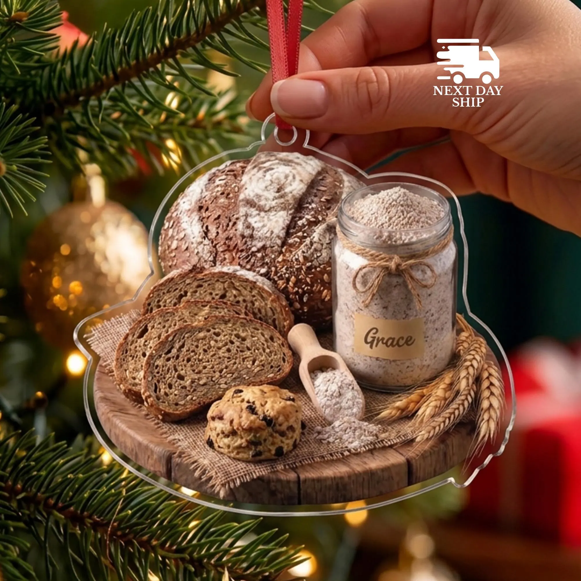 Custom Sourdough Starter Ornament, Personalized Name Artisan Bread Christmas Decor, Baker Gift for Her, Home Baker Gift, Baking Ornament