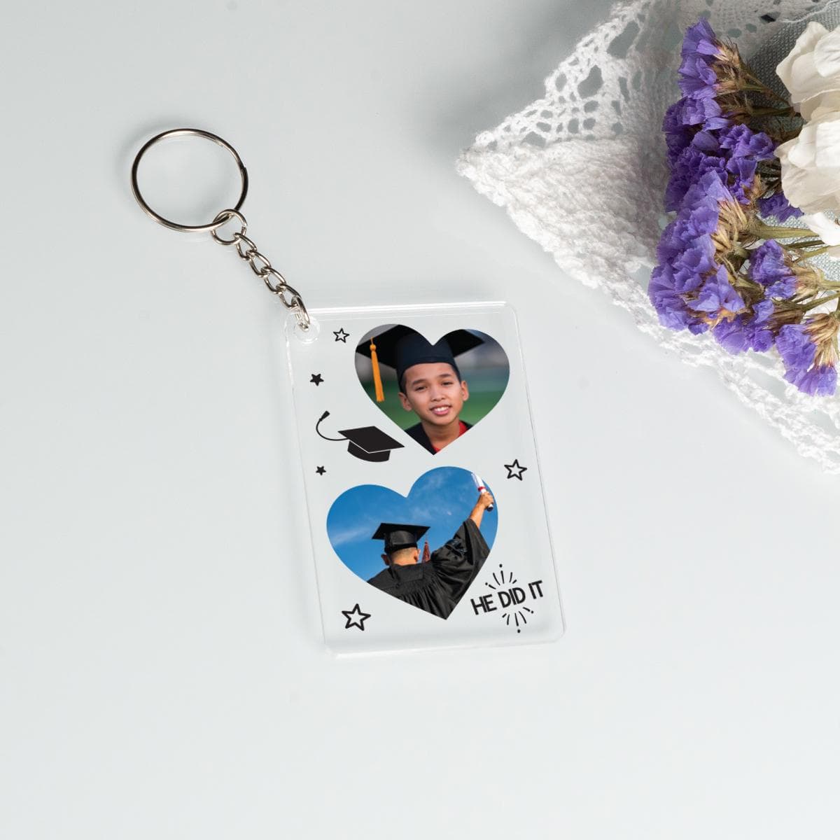 Cute Graduation Keychain, Two Photo She Did it Keychain, Acrylic Picture Keyholder, Second Graduation Gift, Grad Keepsake, Personalized Gift - image 3