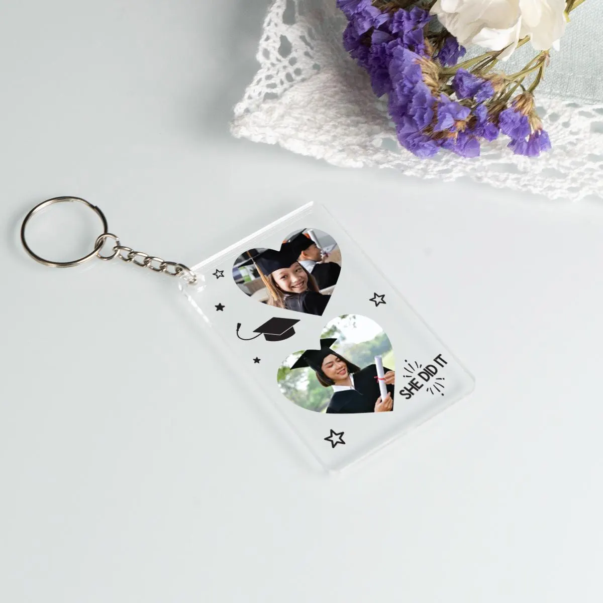 Cute Graduation Keychain, Two Photo She Did it Keychain, Acrylic Picture Keyholder, Second Graduation Gift, Grad Keepsake, Personalized Gift - image 4