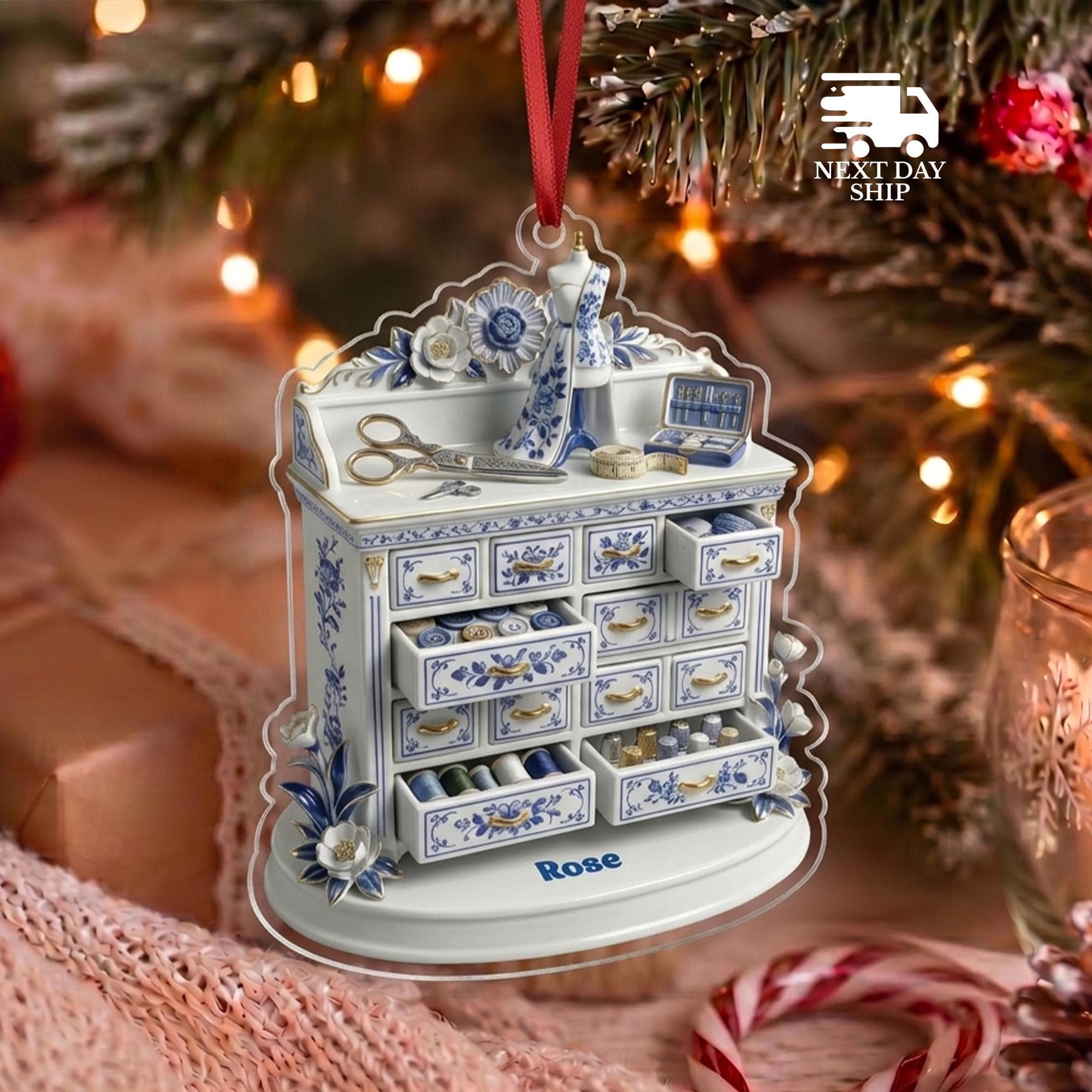 Custom Name Sewing Box Ornament, Blue and White Porcelain Sewing Cabinet Ornament, Personalized Quilter Gift, Tailor Christmas Tree Ornament - image 4