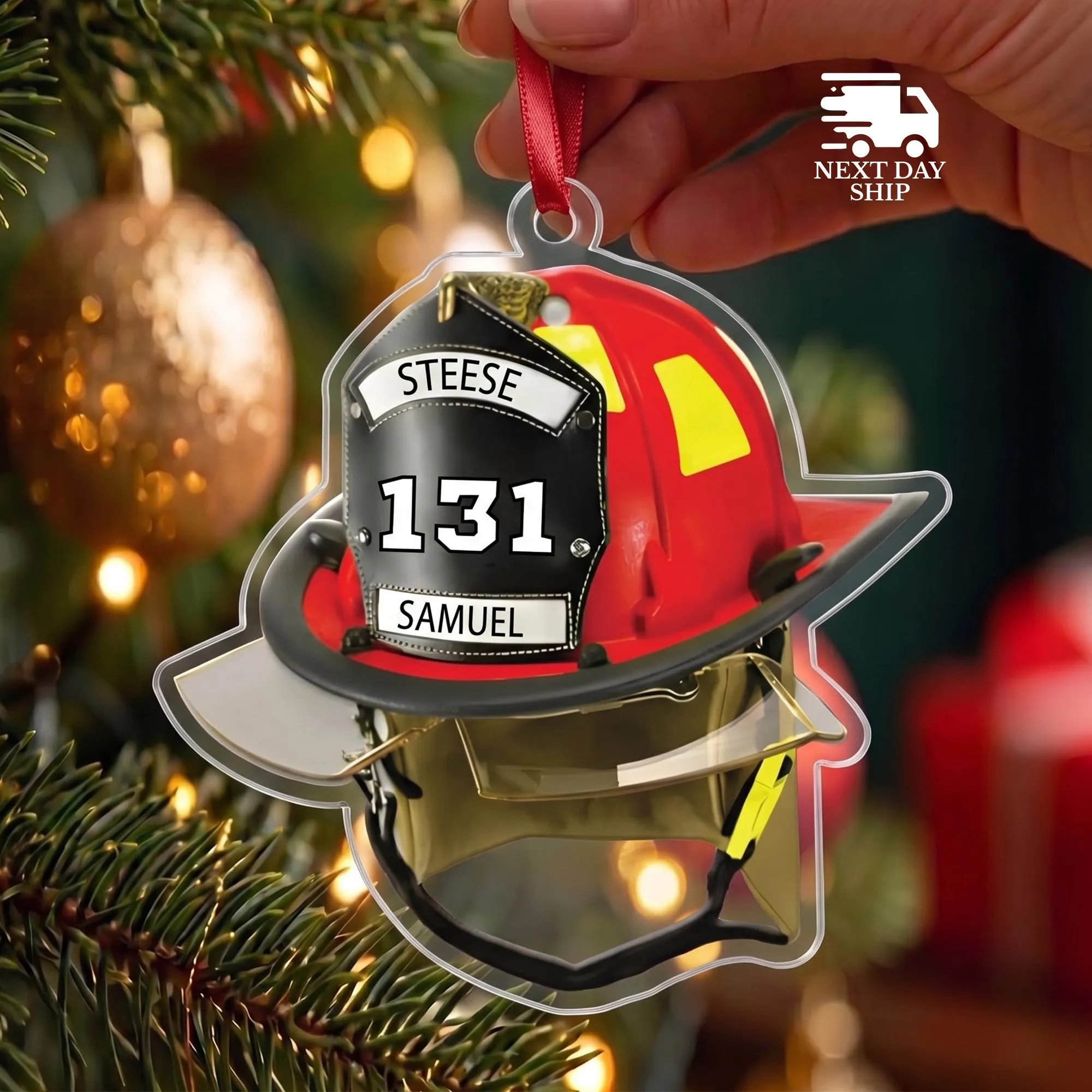 Personalized Firefighter Number & Name Ornament, Firefighter Helmet Decoration for Tree, Gift for Fireman, Gift for First Responder - image 5