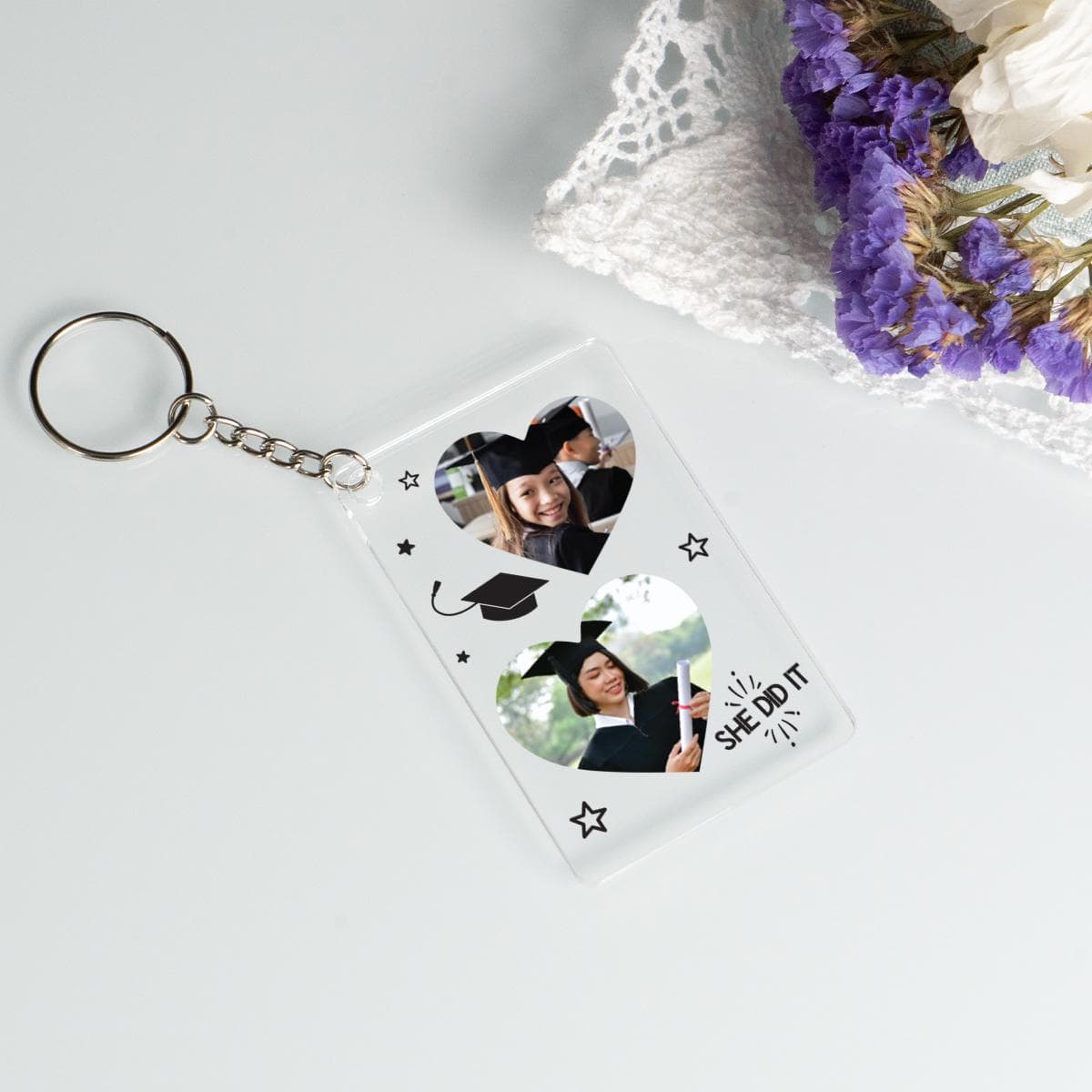 Cute Graduation Keychain, Two Photo She Did it Keychain, Acrylic Picture Keyholder, Second Graduation Gift, Grad Keepsake, Personalized Gift