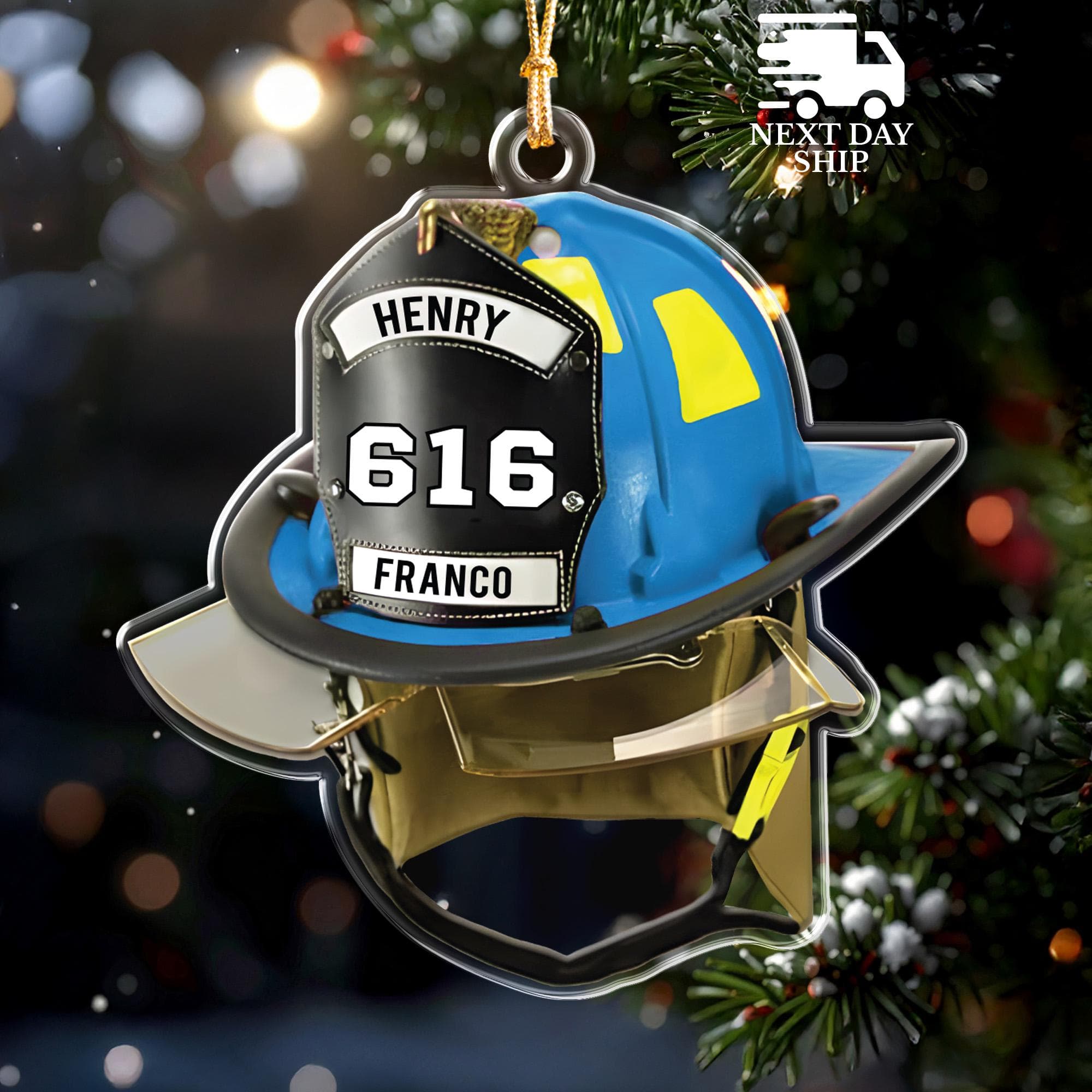 Personalized Firefighter Number & Name Ornament, Firefighter Helmet Decoration for Tree, Gift for Fireman, Gift for First Responder - image 3