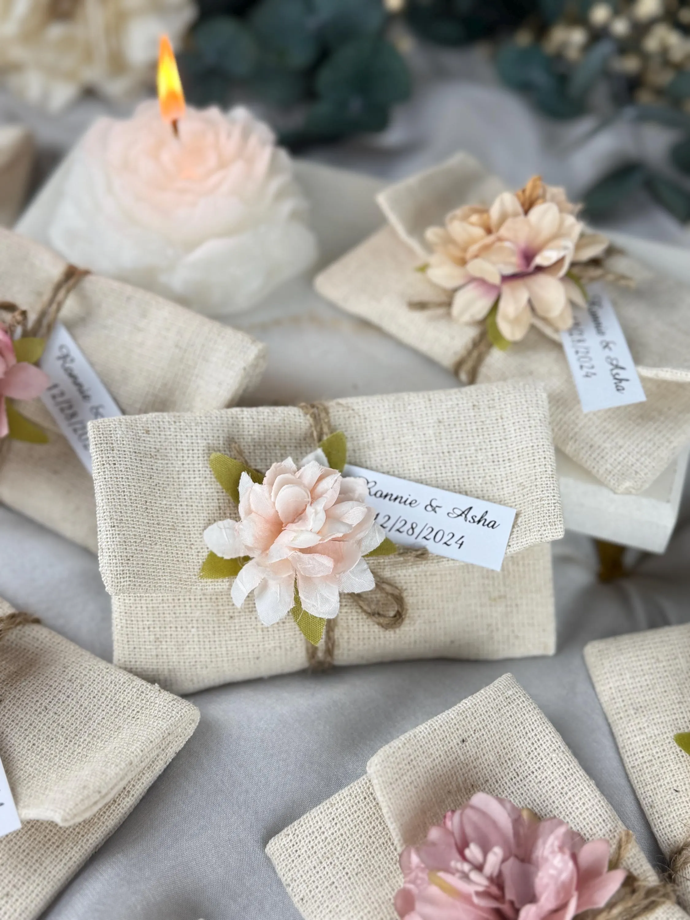 Personalized Lavender Soap Wedding Favors, Linen Pouch, Floral Accent