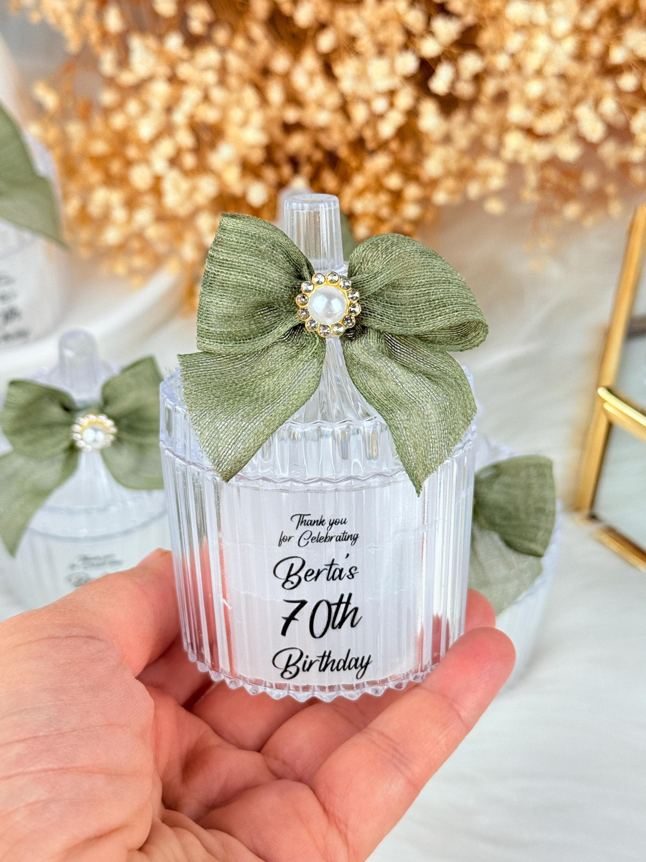 Sage Green Personalized Candle Favors, 40th, 50th, 60th, 70th, 80th, 90th, 100th Birthday Party Favors, Adult Birthday Party Decorations