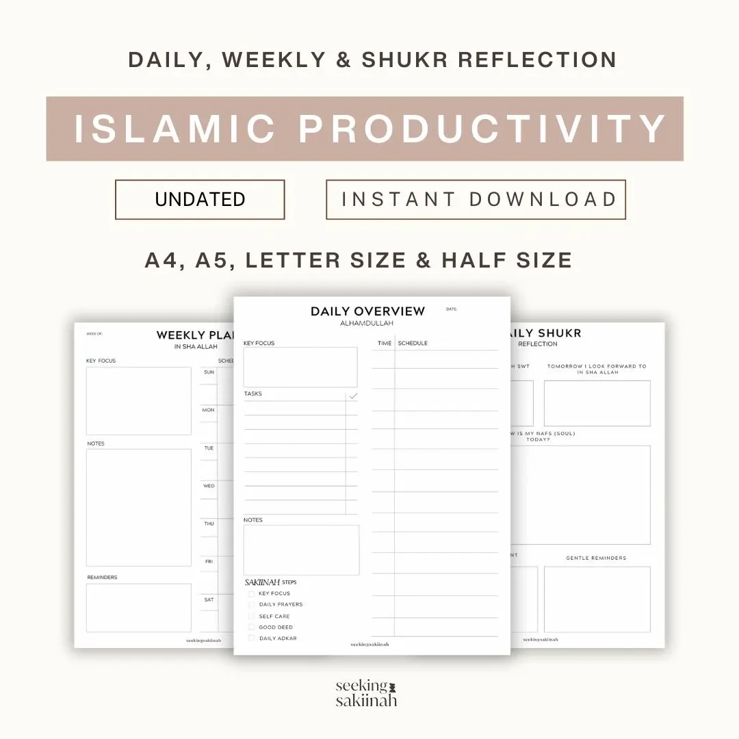 Islamic Productivity Planner: Minimalist Daily, Weekly Reflection (PDF Printables)
