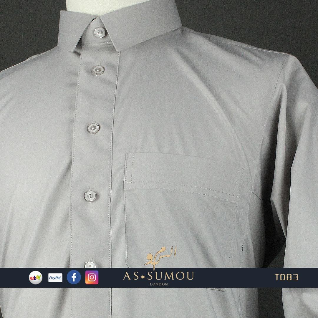 Two Piece GREY SAUDI THOBE, Premium Stylish Collar Kandora with matching Trousers, Elegant Luxe Jubbah For Eid Celebration 58S 60L 60XL TD83 - image 4