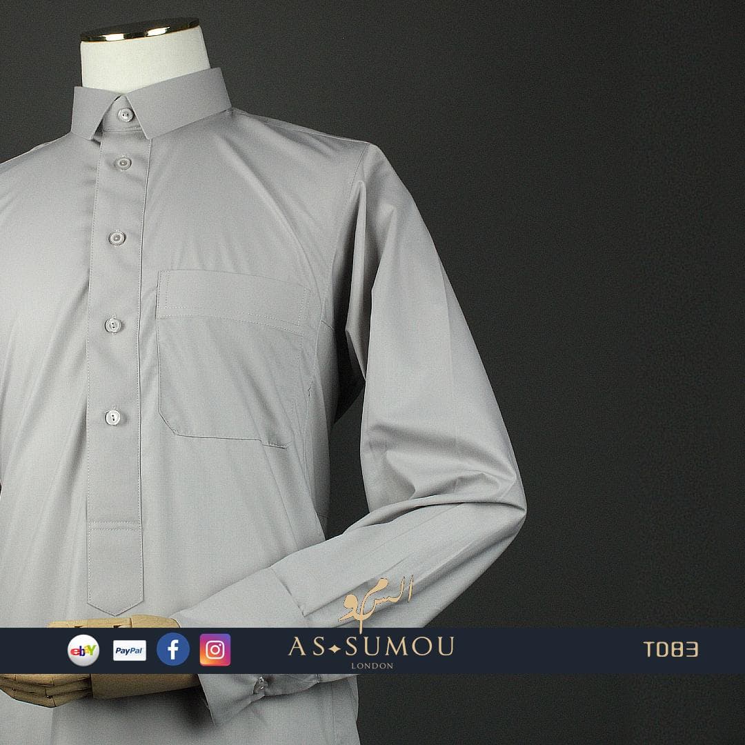 Two Piece GREY SAUDI THOBE, Premium Stylish Collar Kandora with matching Trousers, Elegant Luxe Jubbah For Eid Celebration 58S 60L 60XL TD83