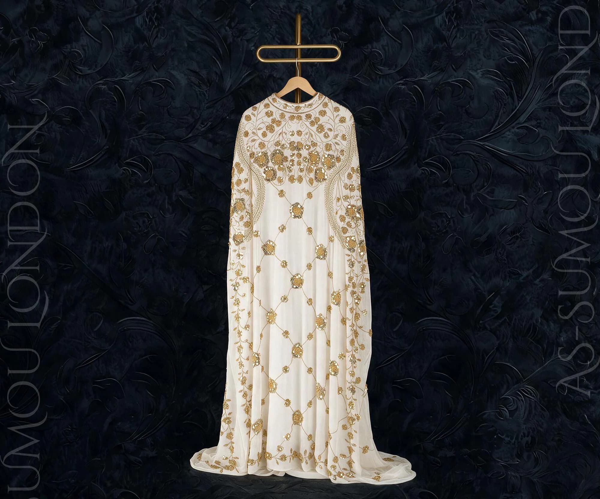 Luxury Two-Piece Off-White Sequin Embroidered Batwing Abaya Cape Elegant Modest Kaftan Islamic Clothing Women Gown