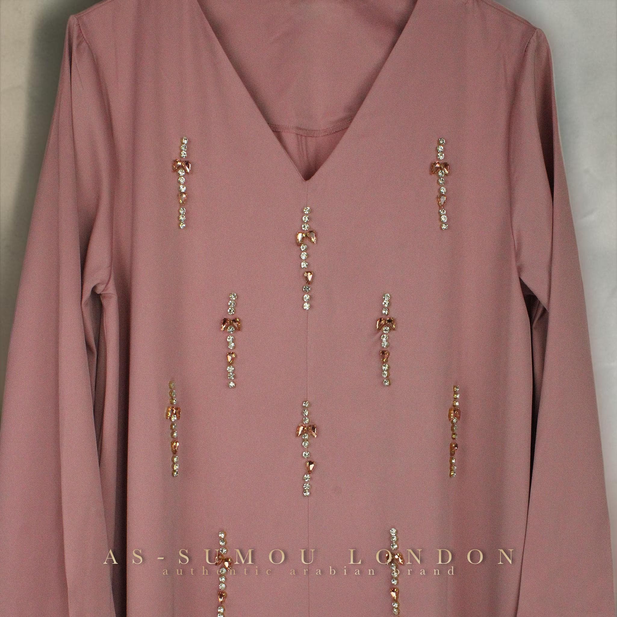 Dusty Rose Color Long Embellished Maxi Dress with Rhinestones Elegant Modest Abaya Kaftan Islamic Clothing Luxury Women Long Sleeve Gown - image 5