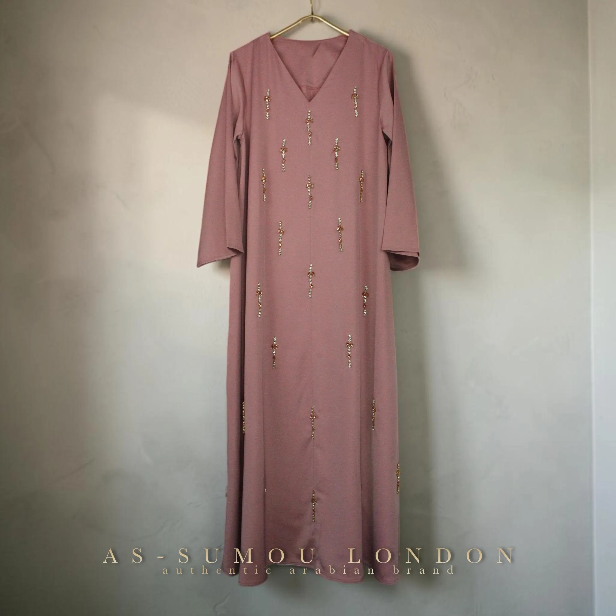 Dusty Rose Color Long Embellished Maxi Dress with Rhinestones Elegant Modest Abaya Kaftan Islamic Clothing Luxury Women Long Sleeve Gown - image 4
