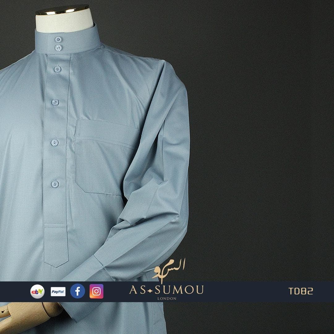 Two Piece BLUE SAUDI THOBE, Premium Stylish Collar Kandora with matching Trousers, Elegant Luxe Jubbah For Eid Celebration 54XL 56XL TD82