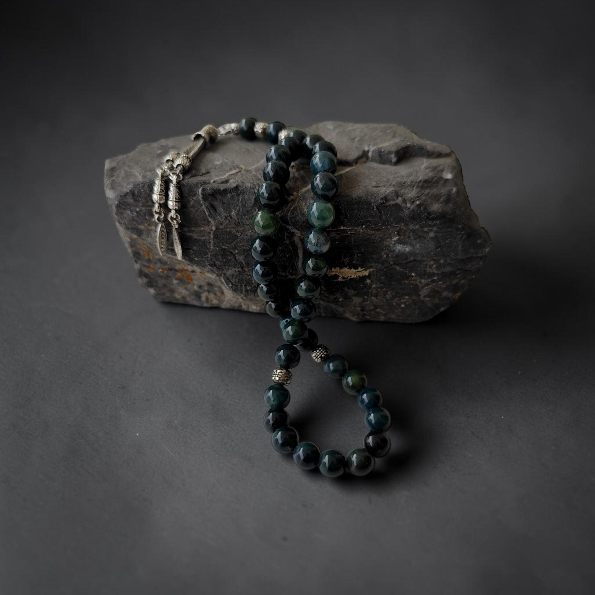 Moss Agate Rosary, Tasbih 33 Beads, Gemstone Misbah, Green Prayer Beads, 8mm Sibha, Tasbeeh Gift, Aqeeq Muslim Gift, Islamic Present, Dhikr - image 3