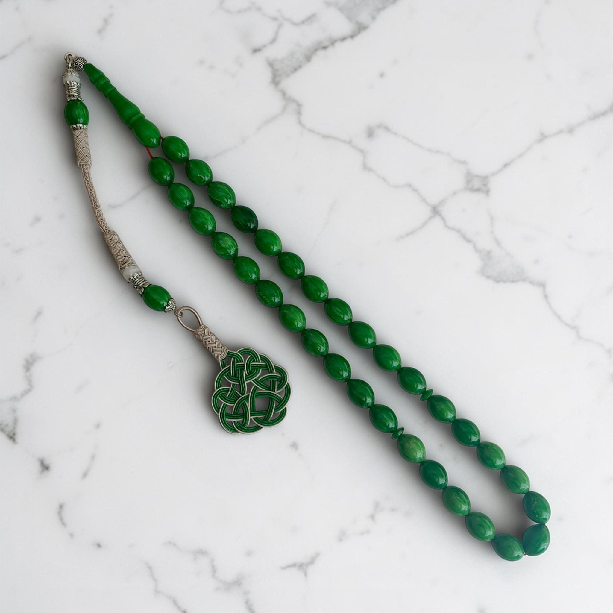 Green Bakelite Cataline Prayer Beads, Copper Tassel Tasbih 33 - image 5