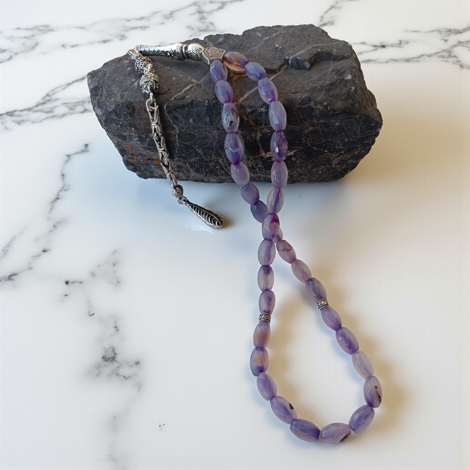 Purple Gemstone Prayer Beads, 33 Beads Agate Subha, Aqeeq Stone Tasbih, Purple Agate Masbaha, Islamic Present for Eid, Gemstone Tasbeeh Gift - image 5