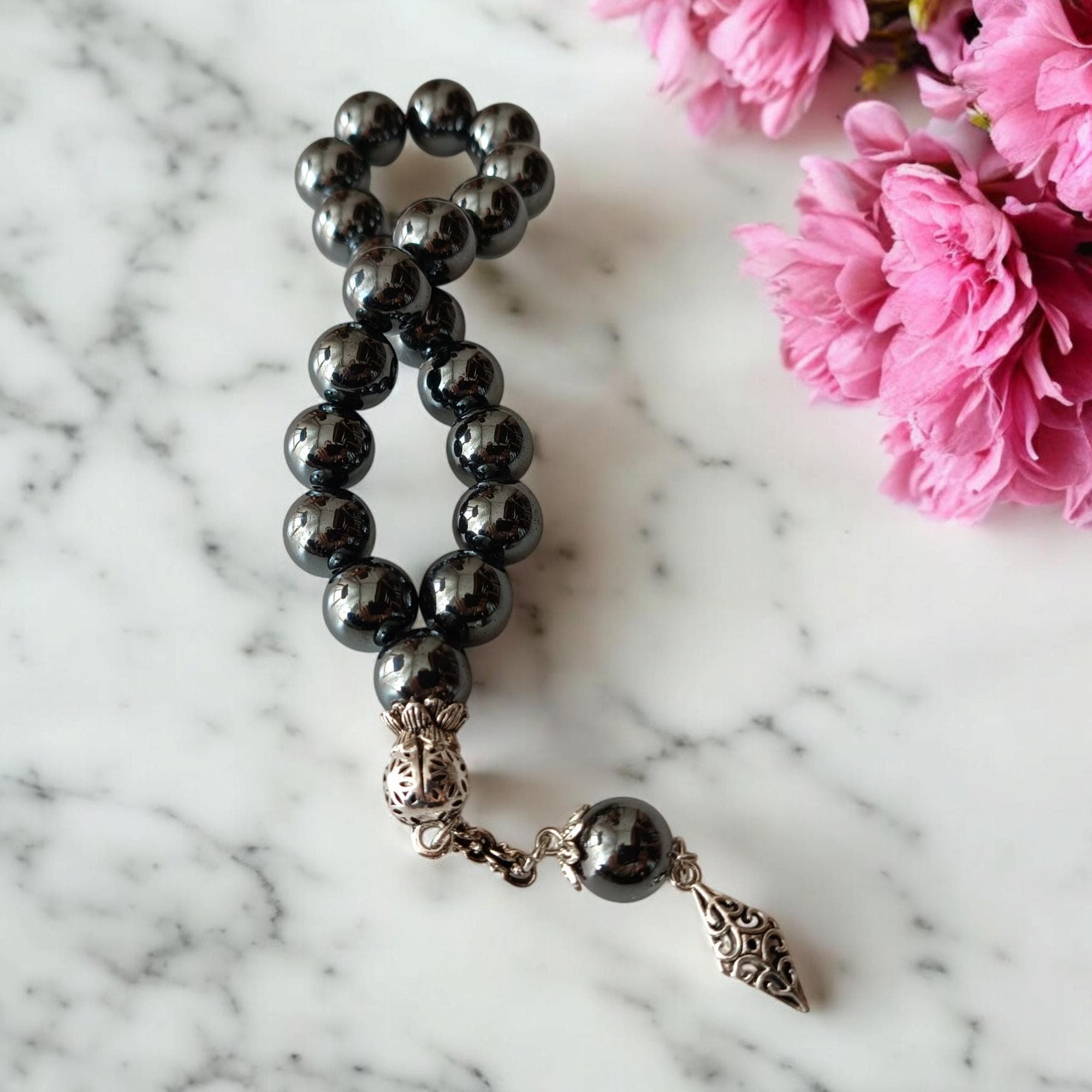 Hematite Gemstone Rosary Bracelet, Tasbih 17 Beads, Prayer Beads Gift, Big Rosary, Large Tasbeeh, Sibha, Misbah, Worry Beads, Tasbih Favor - image 4