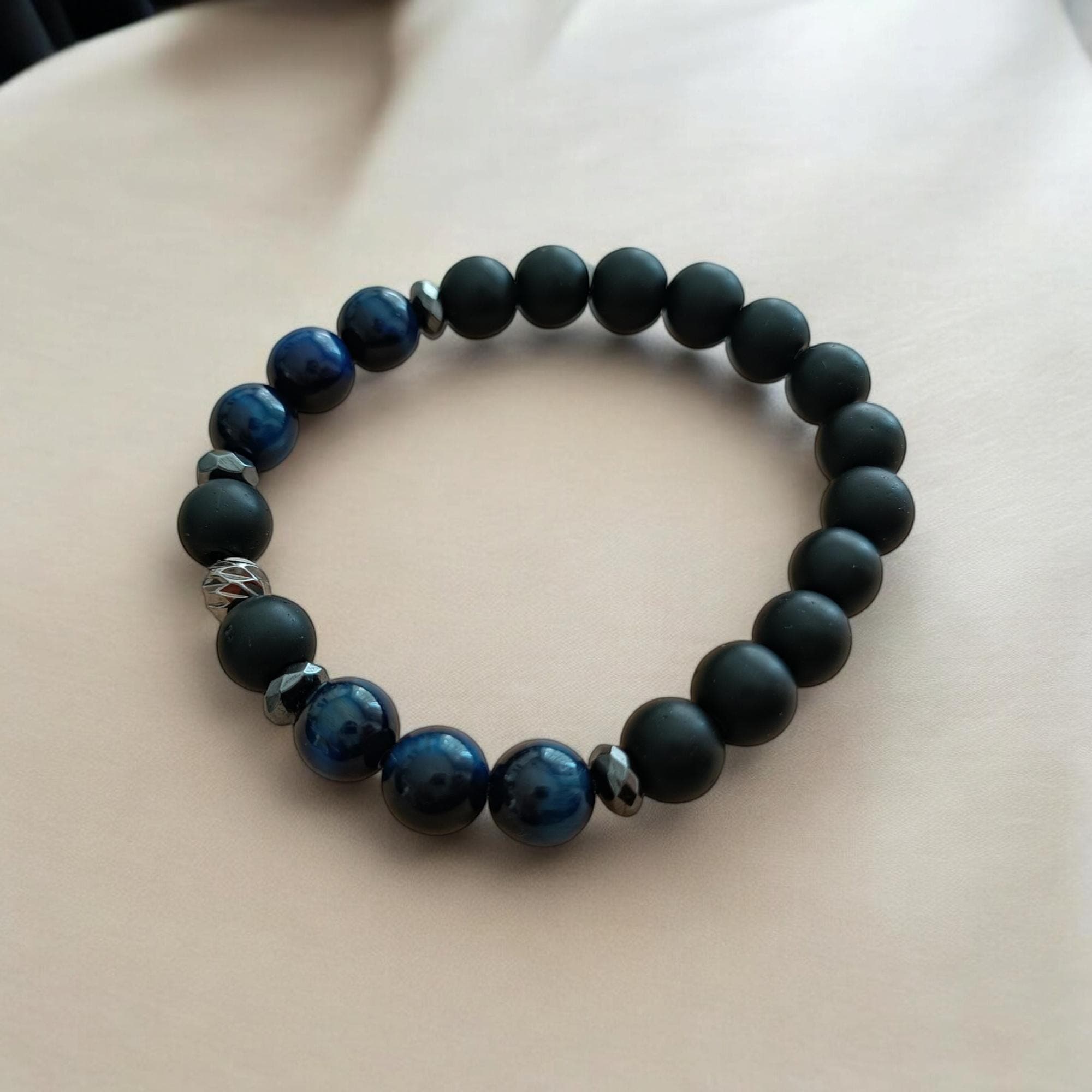 Blue Tiger's Eye Stone Calming Bracelet, 8mm Bracelet, Beaded Bracelet, Blue Gemstone Bracelet, Elastic Jewelry, Unique Gift for Him - image 4
