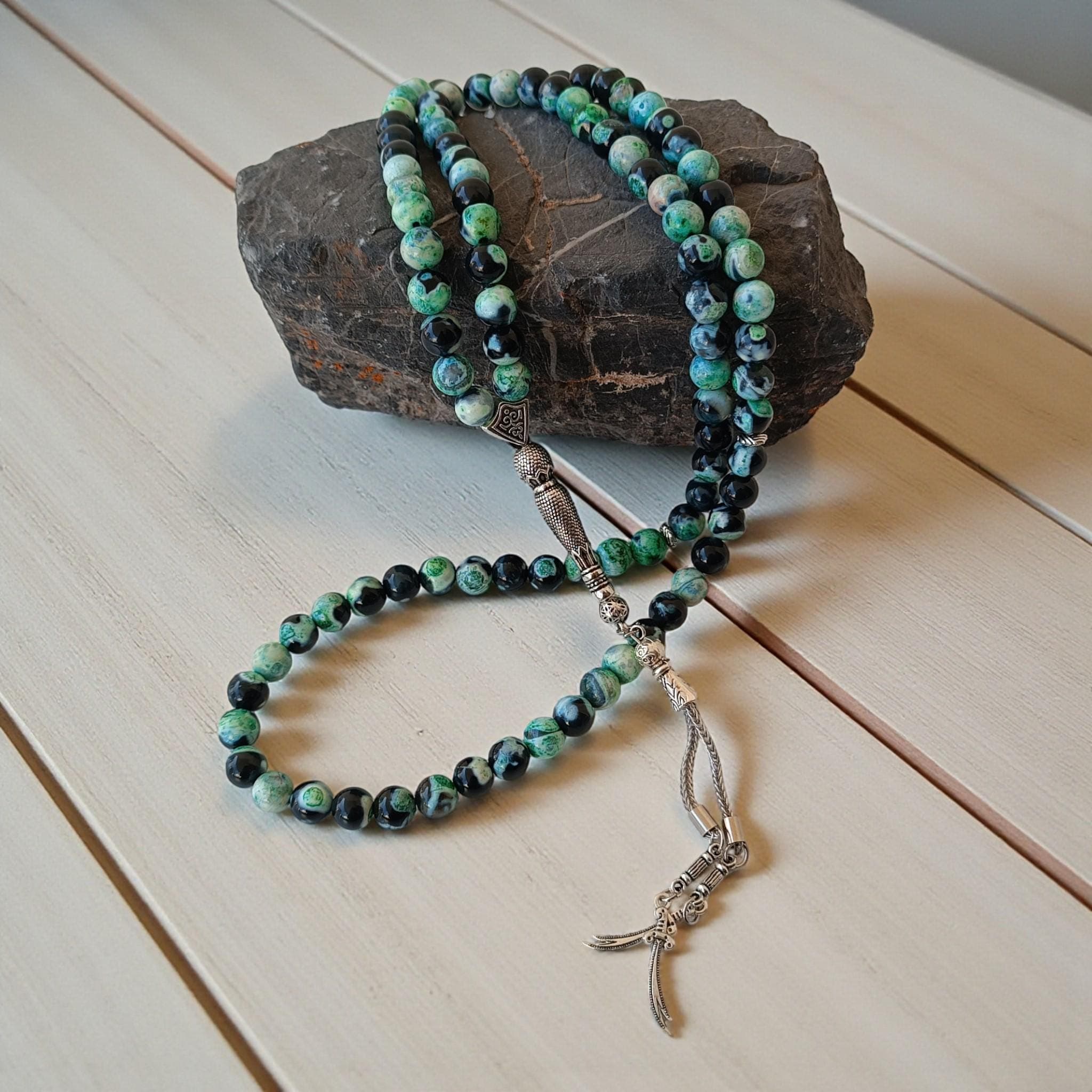 Green & Black Tasbeeh 99, Aqeeq Prayer Beads, Agate Gemstone Tasbih, Islamic 8MM Rosary - image 3