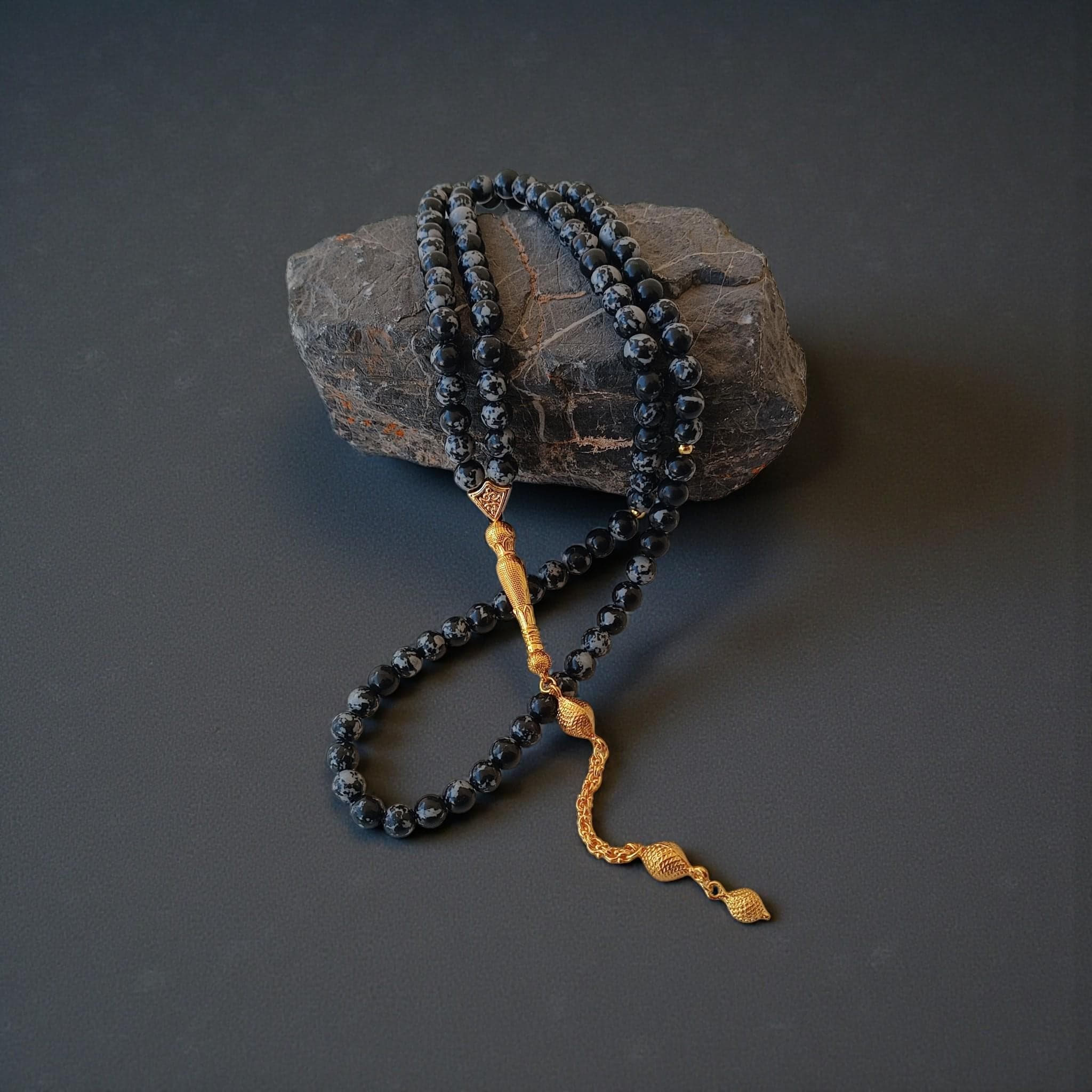 Gray Stone Tasbih 99, Gemstone Prayer Beads, Obsidian Masbaha, Black Gemstone Rosary - image 3