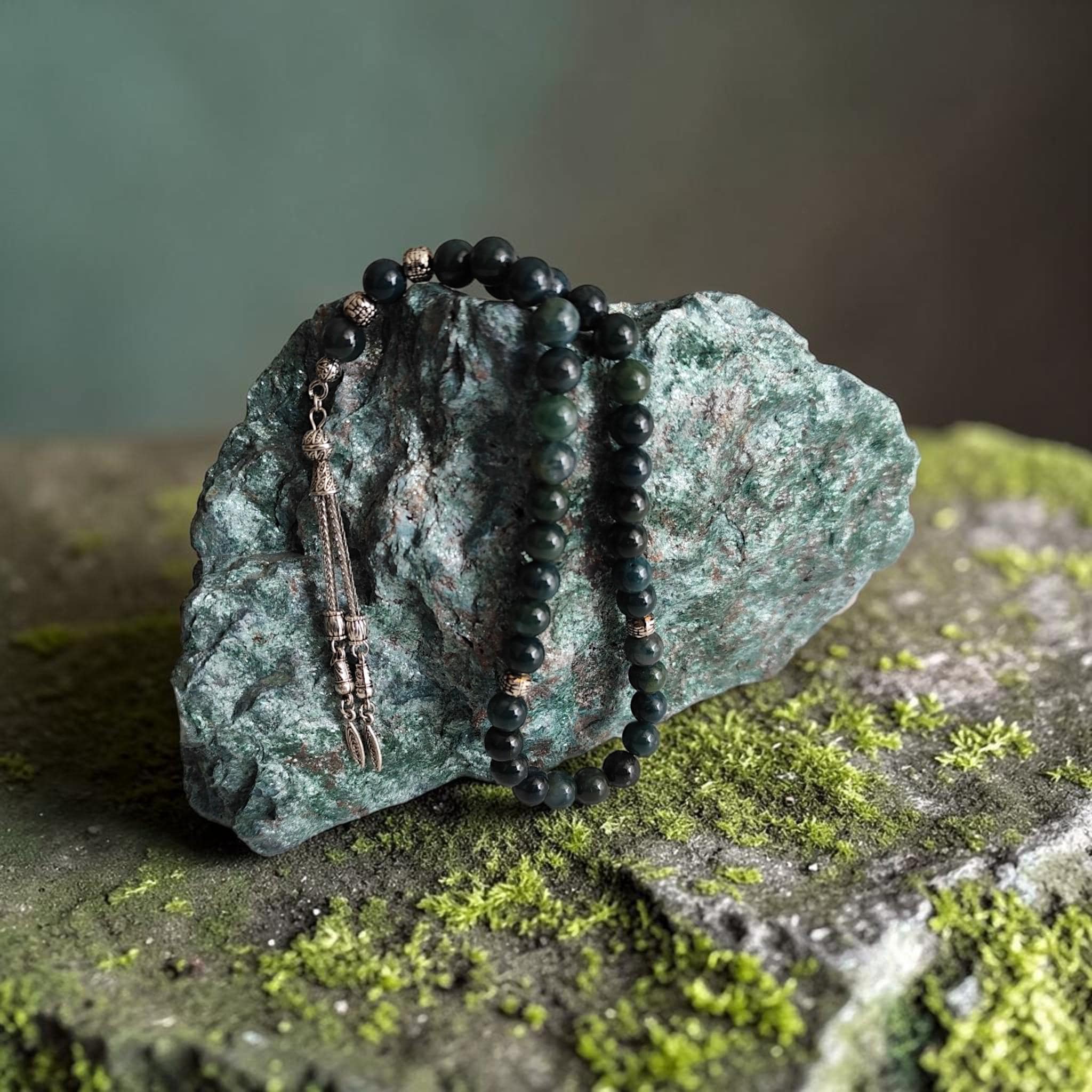 Moss Agate Rosary, Tasbih 33 Beads, Gemstone Misbah, Green Prayer Beads, 8mm Sibha, Tasbeeh Gift, Aqeeq Muslim Gift, Islamic Present, Dhikr
