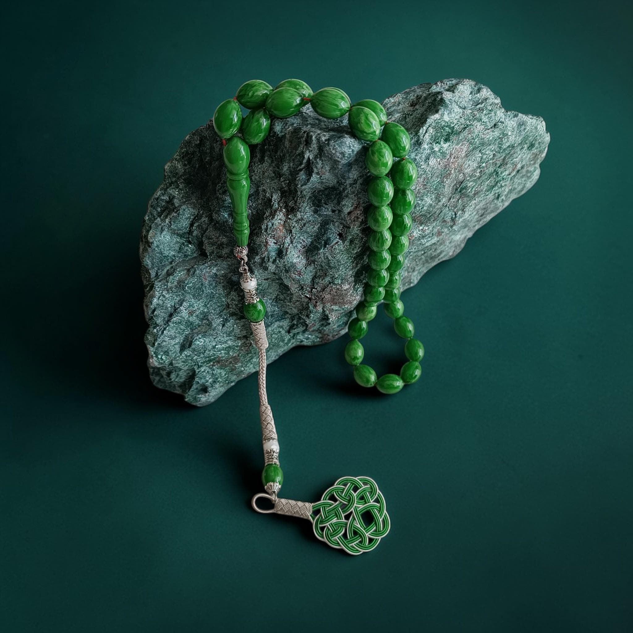 Green Bakelite Cataline Prayer Beads, Copper Tassel Tasbih 33