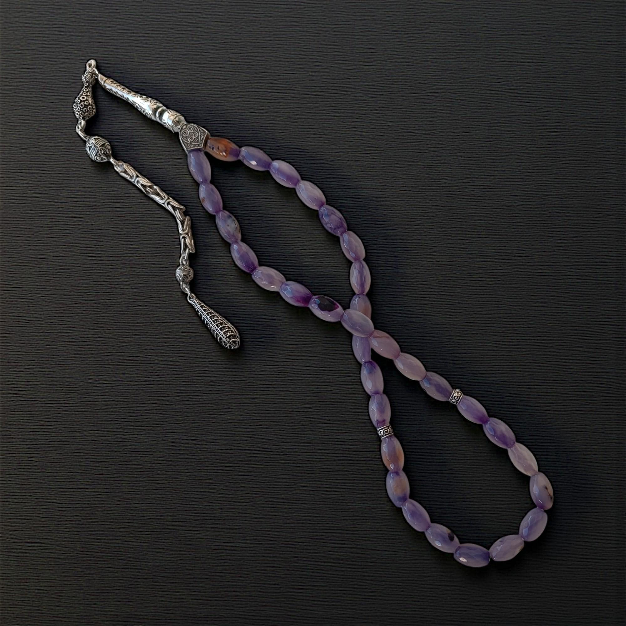 Purple Gemstone Prayer Beads, 33 Beads Agate Subha, Aqeeq Stone Tasbih, Purple Agate Masbaha, Islamic Present for Eid, Gemstone Tasbeeh Gift